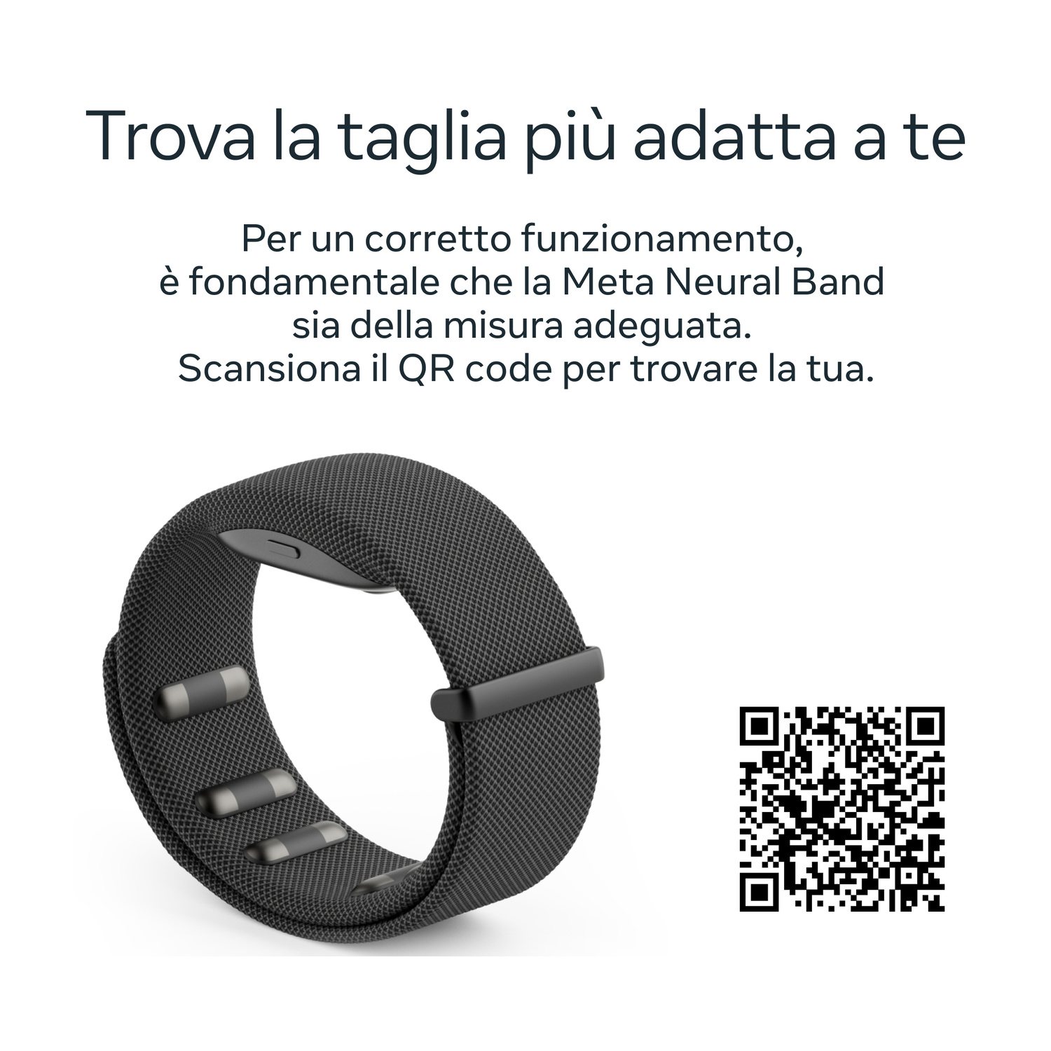 Testo in italiano per trovare la taglia giusta di una Meta Neural Band nera, con codice QR.