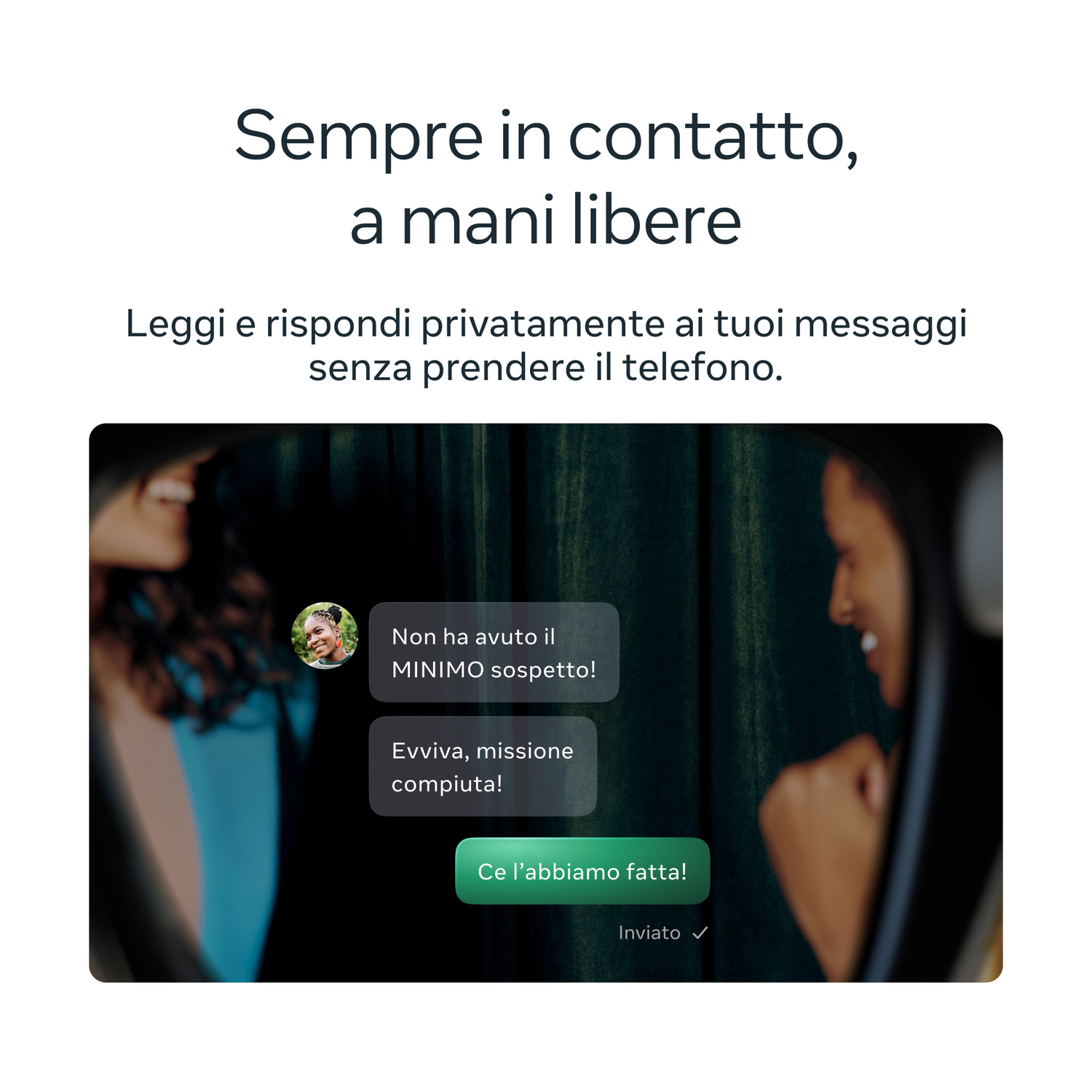 Un annuncio in italiano che mostra un'interfaccia di chat sovrapposta al volto di una persona sorridente in auto.