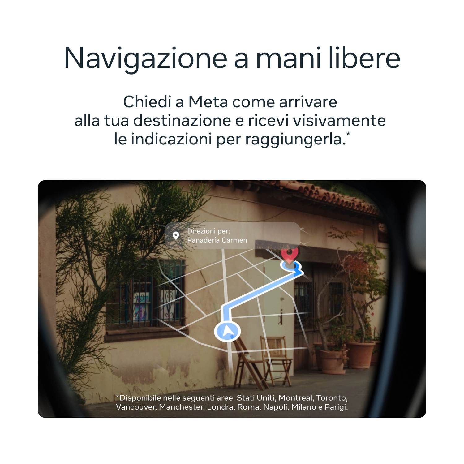 Lente di occhiali che mostra un percorso di navigazione AR blu su una strada.
