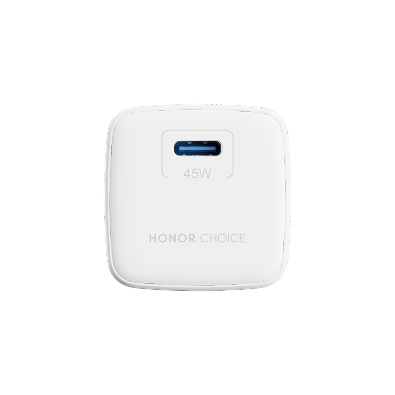 Siyah arka plan üzerinde beyaz renkli Honor Choice 45W USB-C hızlı şarj cihazı.