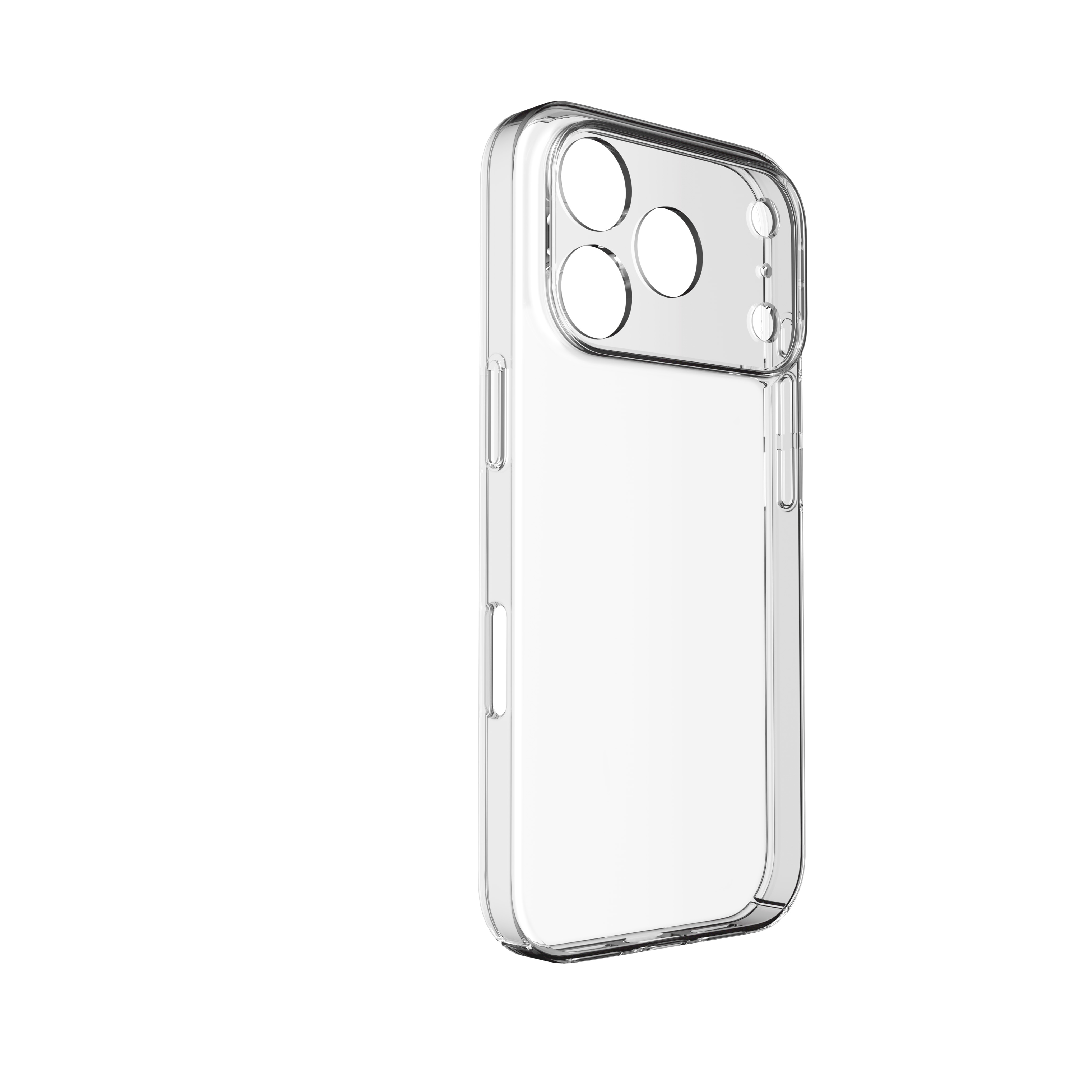 Beyaz arka planda kamera kesikleri ve yan düğmeleri olan şeffaf telefon kılıfı.