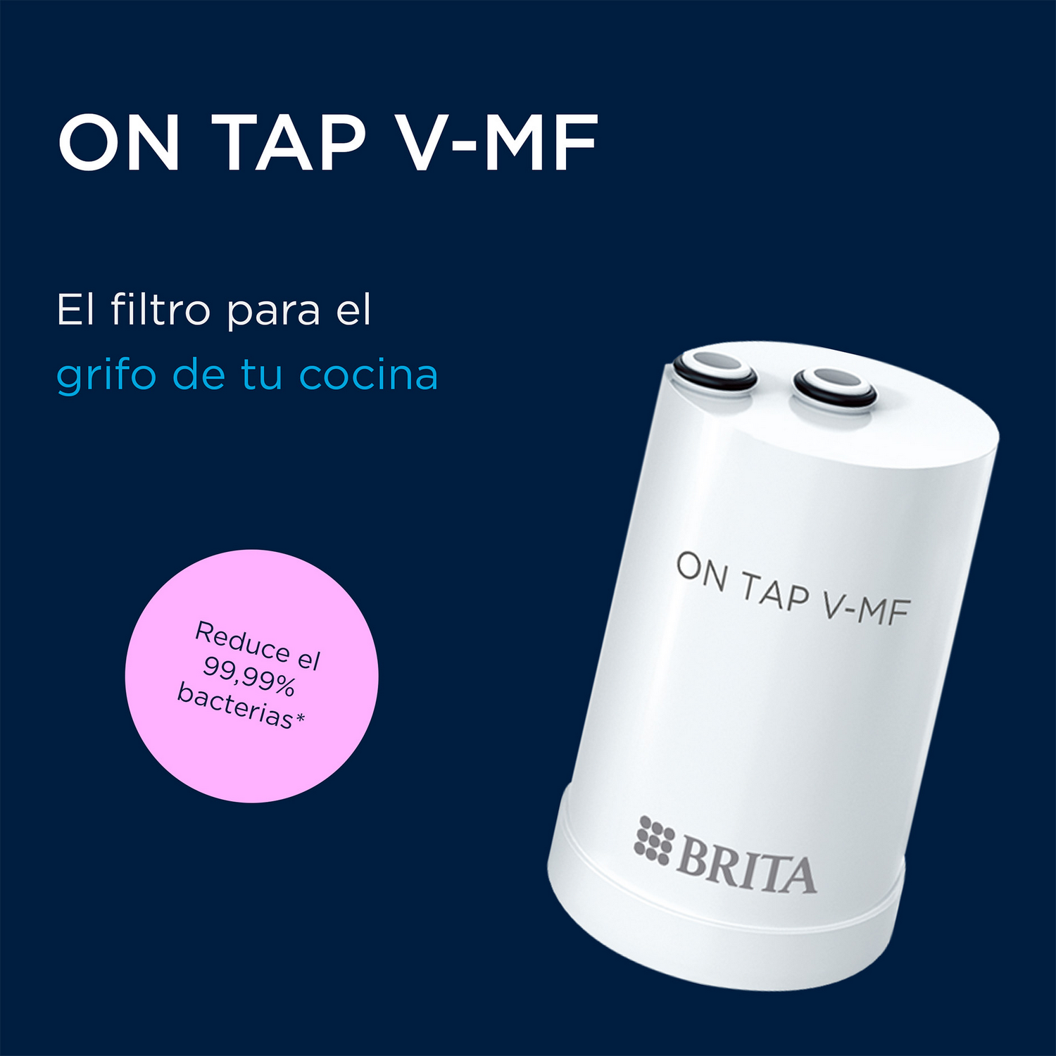 Imagen promocional del filtro de agua Brita On Tap V-MF sobre fondo azul oscuro.