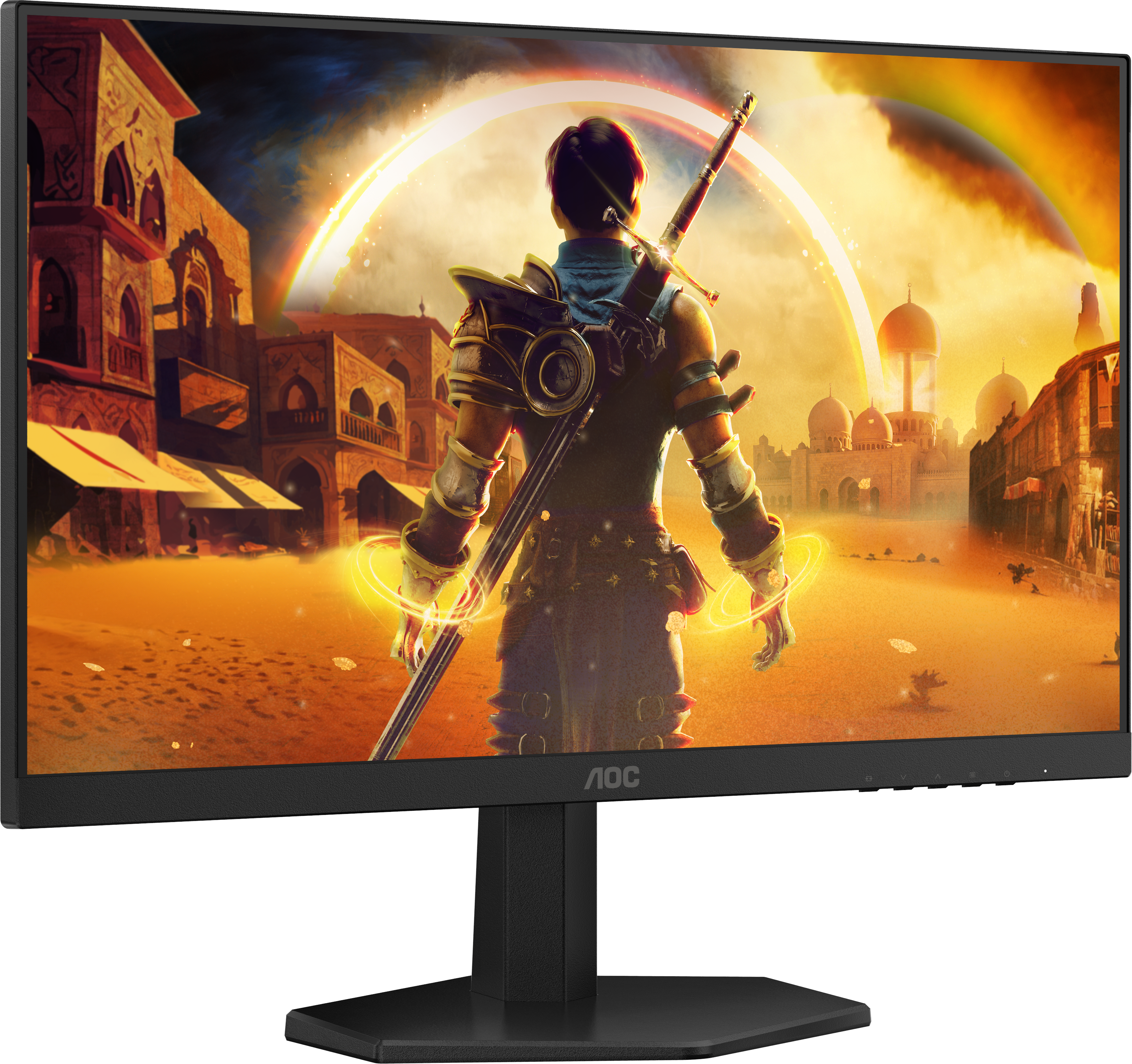 AOC-Monitor zeigt eine Fantasy-Szene mit Krieger in einer Wüstenstadt.