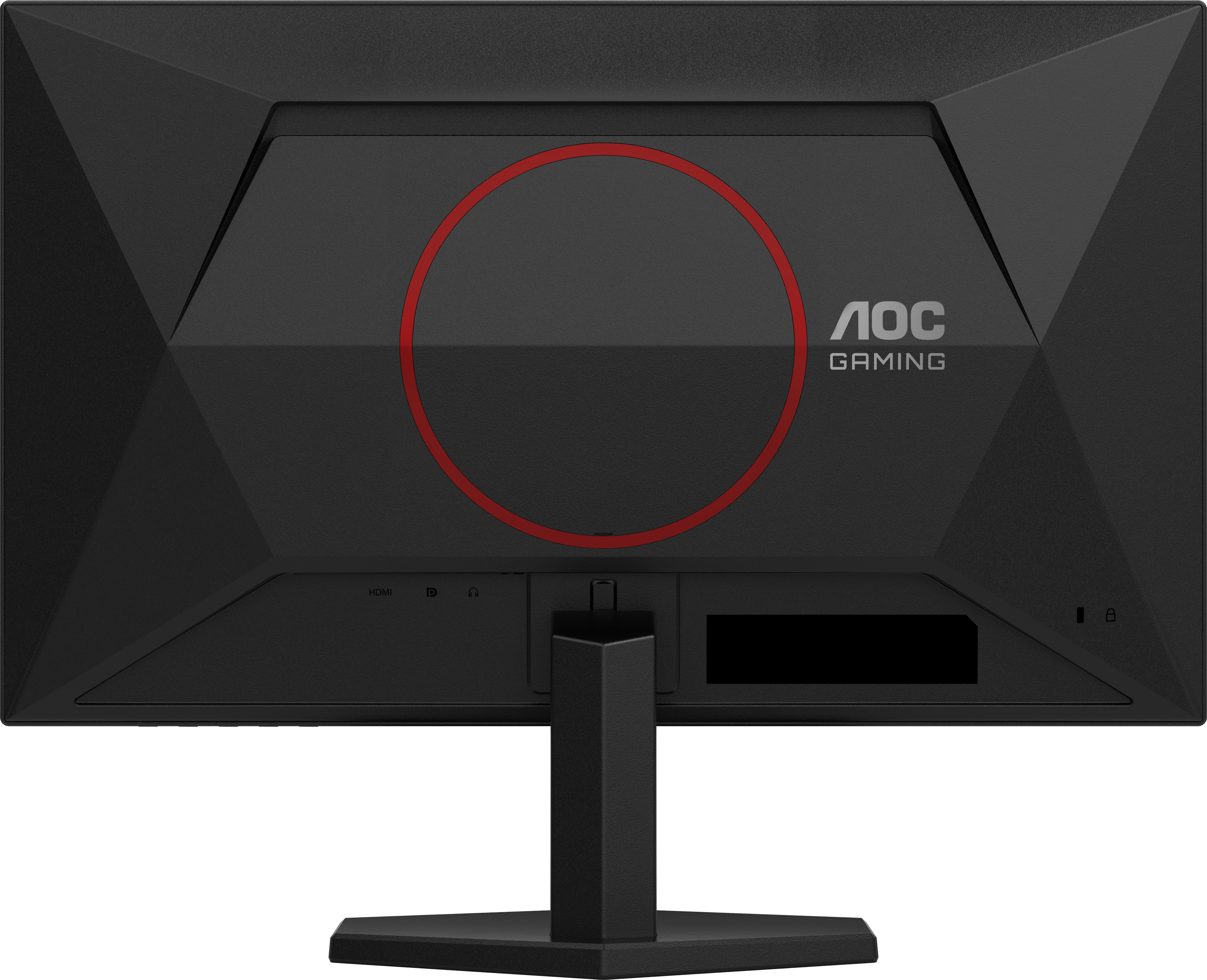 Rückseite eines schwarzen AOC Gaming-Monitors mit rotem Kreisdesign und angebrachtem Standfuß.