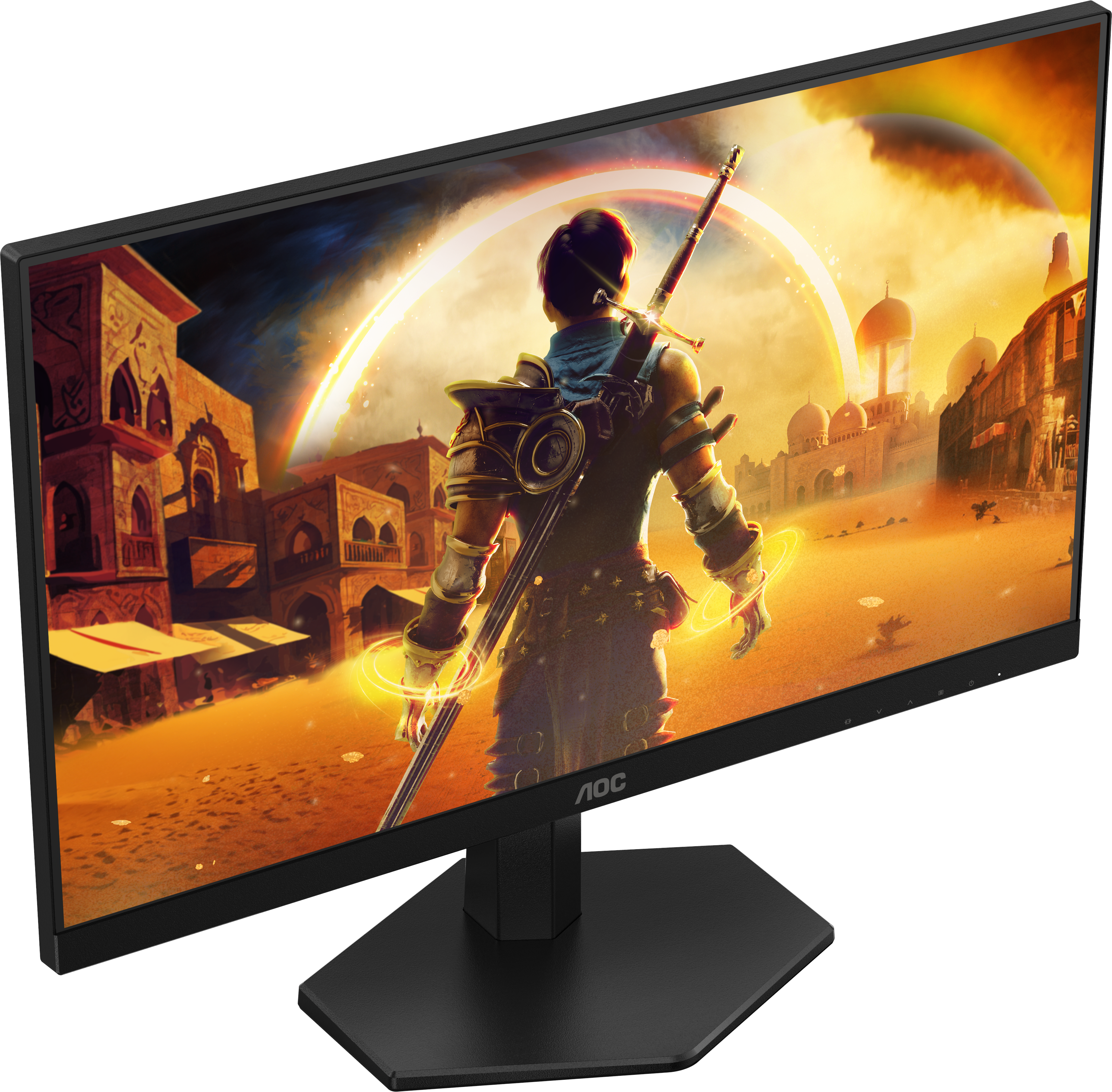 AOC-Monitor zeigt einen Fantasy-Krieger in einer Wüstenstadt mit goldenem Licht.