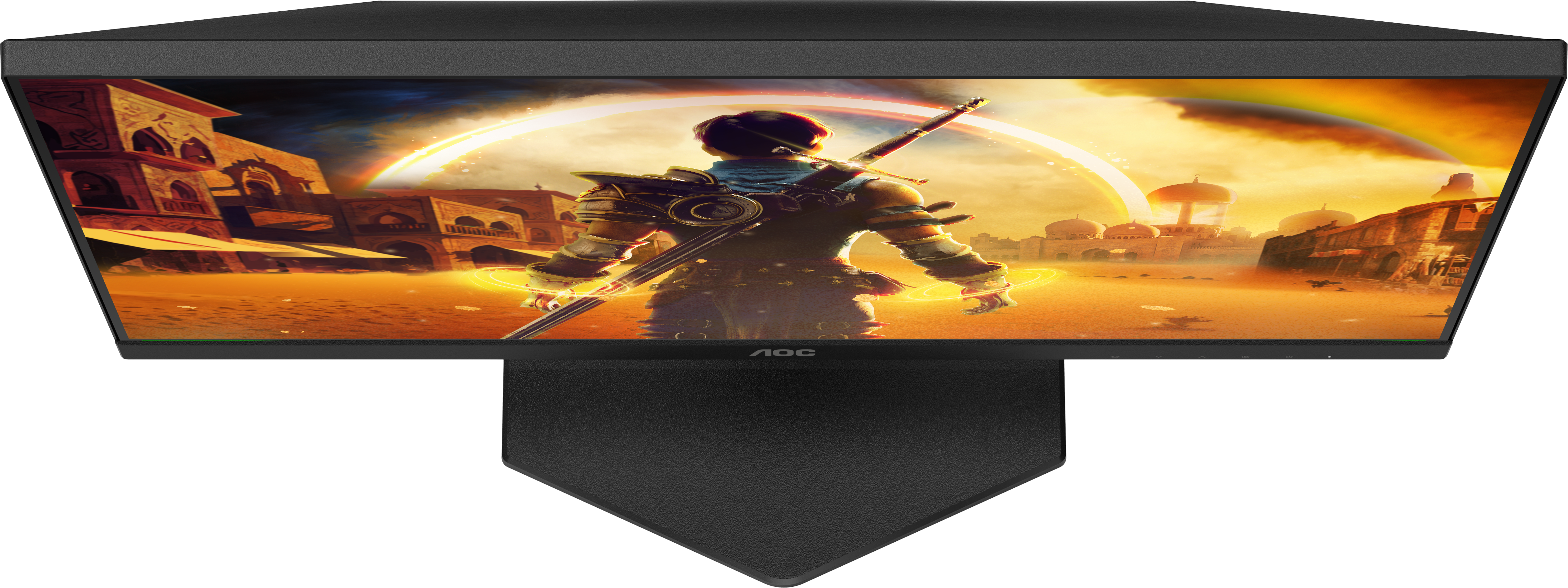 Ein schwarzer AOC-Monitor zeigt eine Fantasy-Wüstenlandschaft mit einem Krieger und einer goldenen Lichtaura.