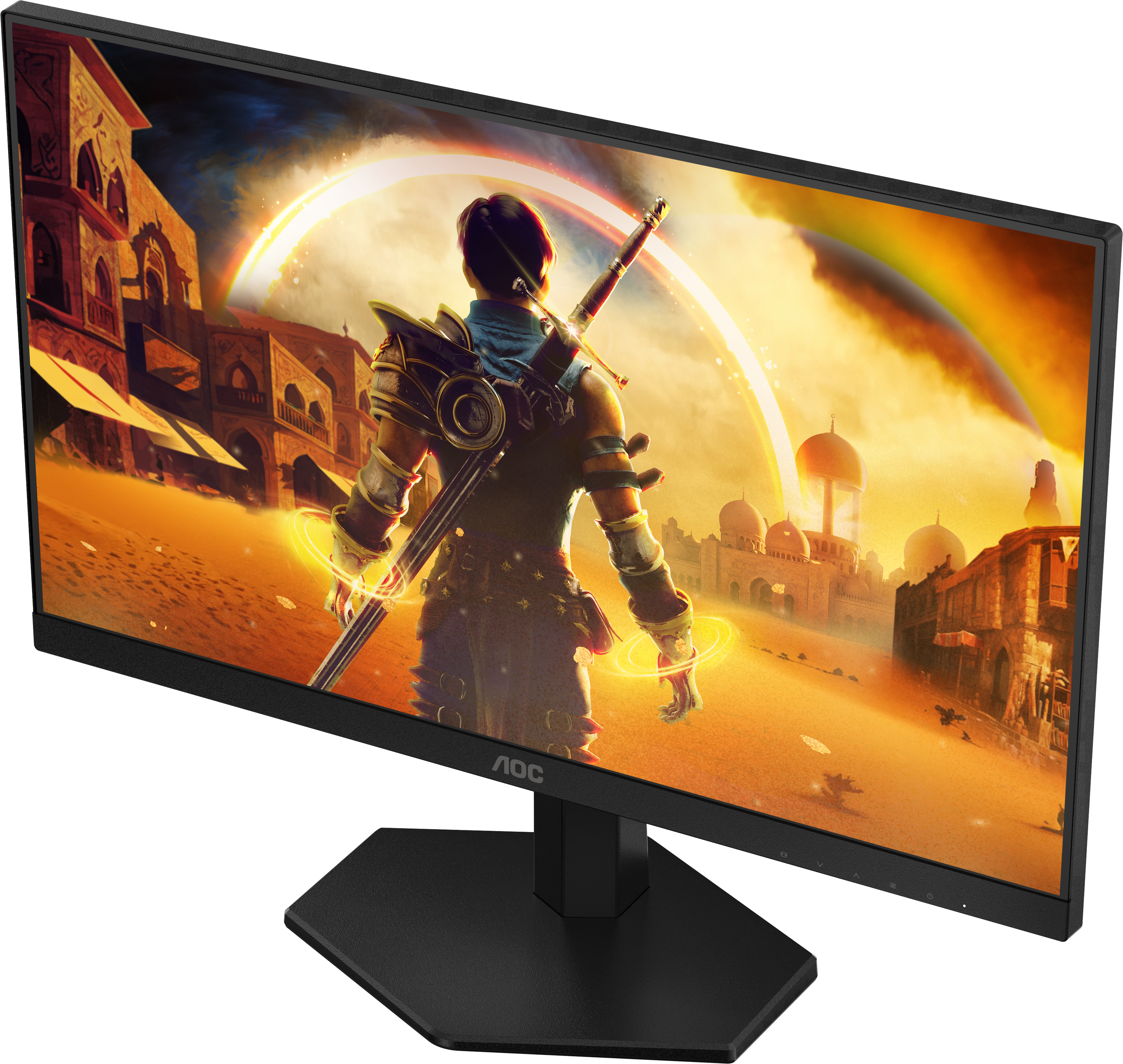 Ein AOC-Monitor zeigt eine Fantasy-Wüstenlandschaft mit einer Kriegerfigur im Vordergrund.