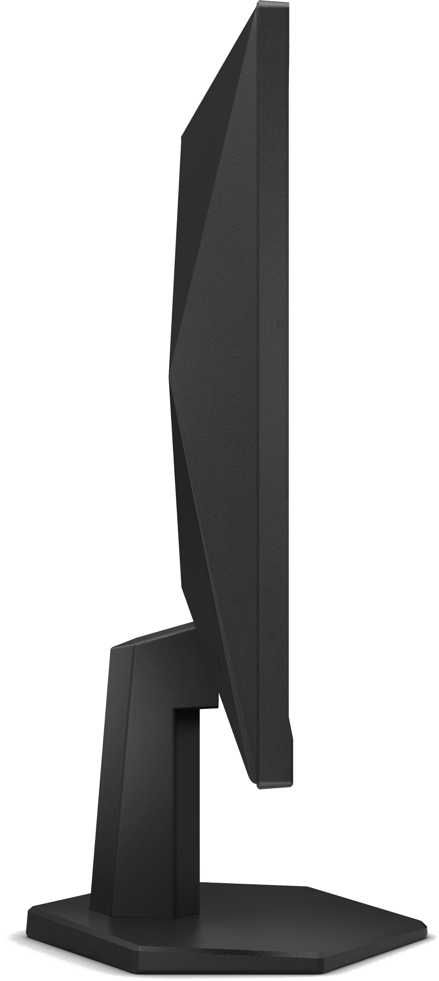 Seitenansicht eines schwarzen Monitors mit geometrisch geformter Rückseite auf einem Standfuß vor schwarzem Hintergrund.