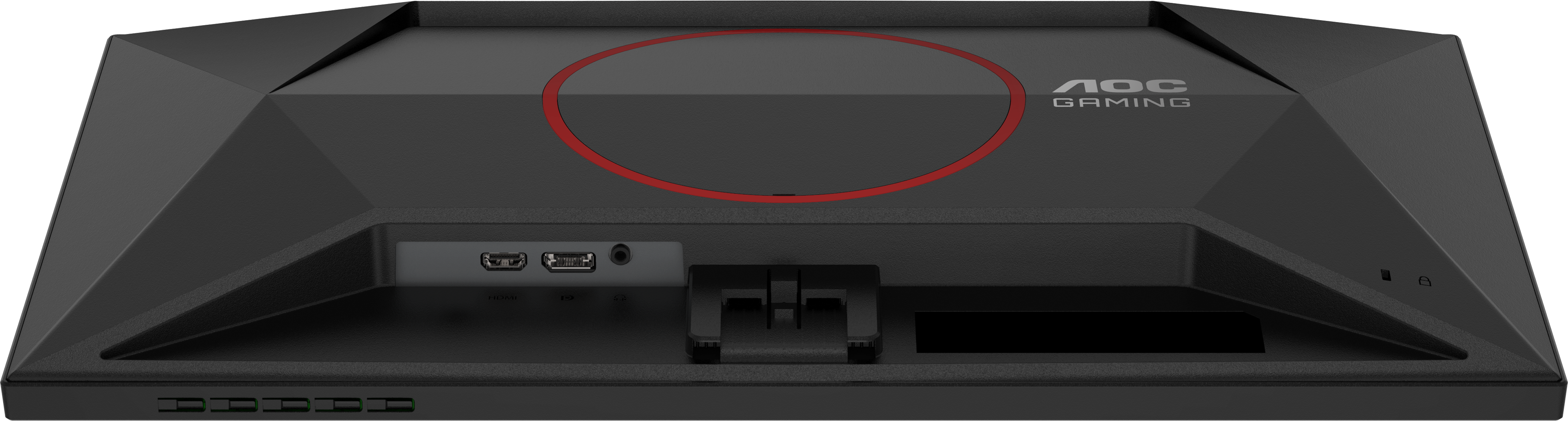 Die Rückseite eines schwarzen AOC Gaming-Monitors mit Anschlüssen und rotem Kreisakzent.