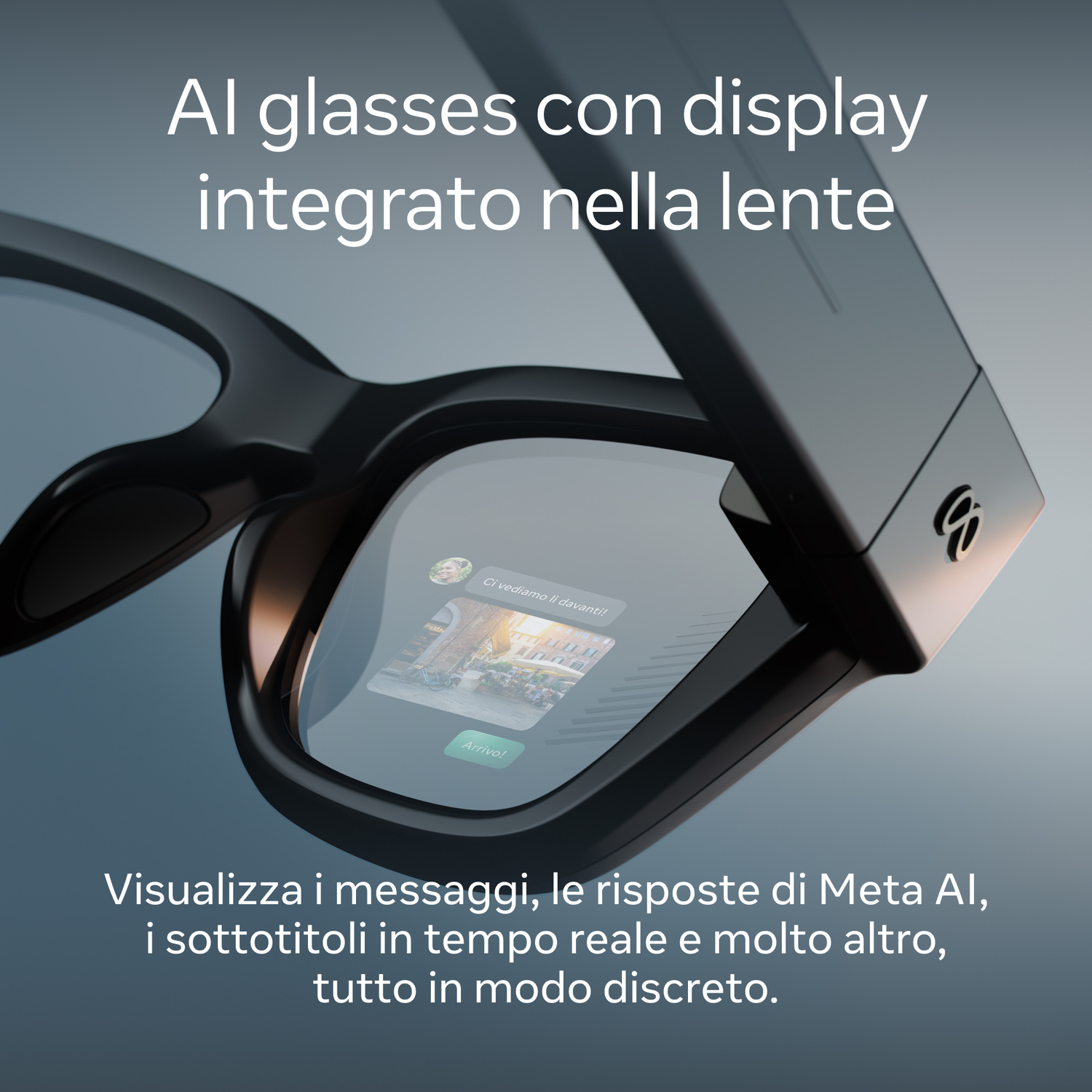 Occhiali IA con display integrato che mostra messaggi e immagini sulla lente.