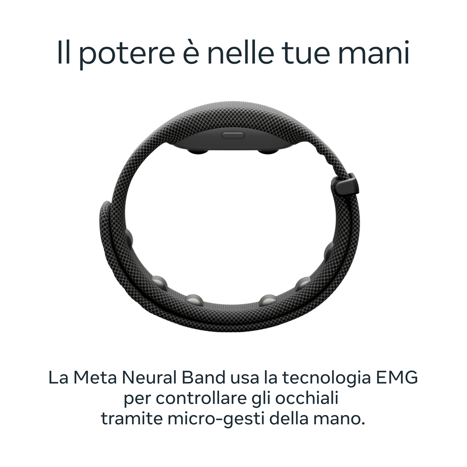 Una Meta Neural Band nera con tecnologia EMG per controllare occhiali tramite gesti, su sfondo bianco.