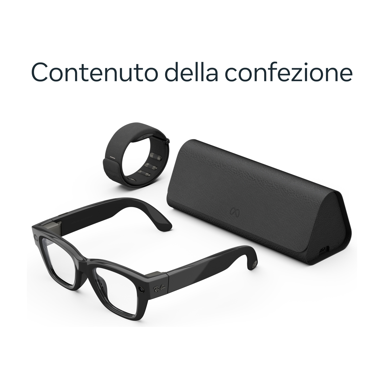 Occhiali neri con custodia e cinturino su sfondo bianco con testo in italiano.
