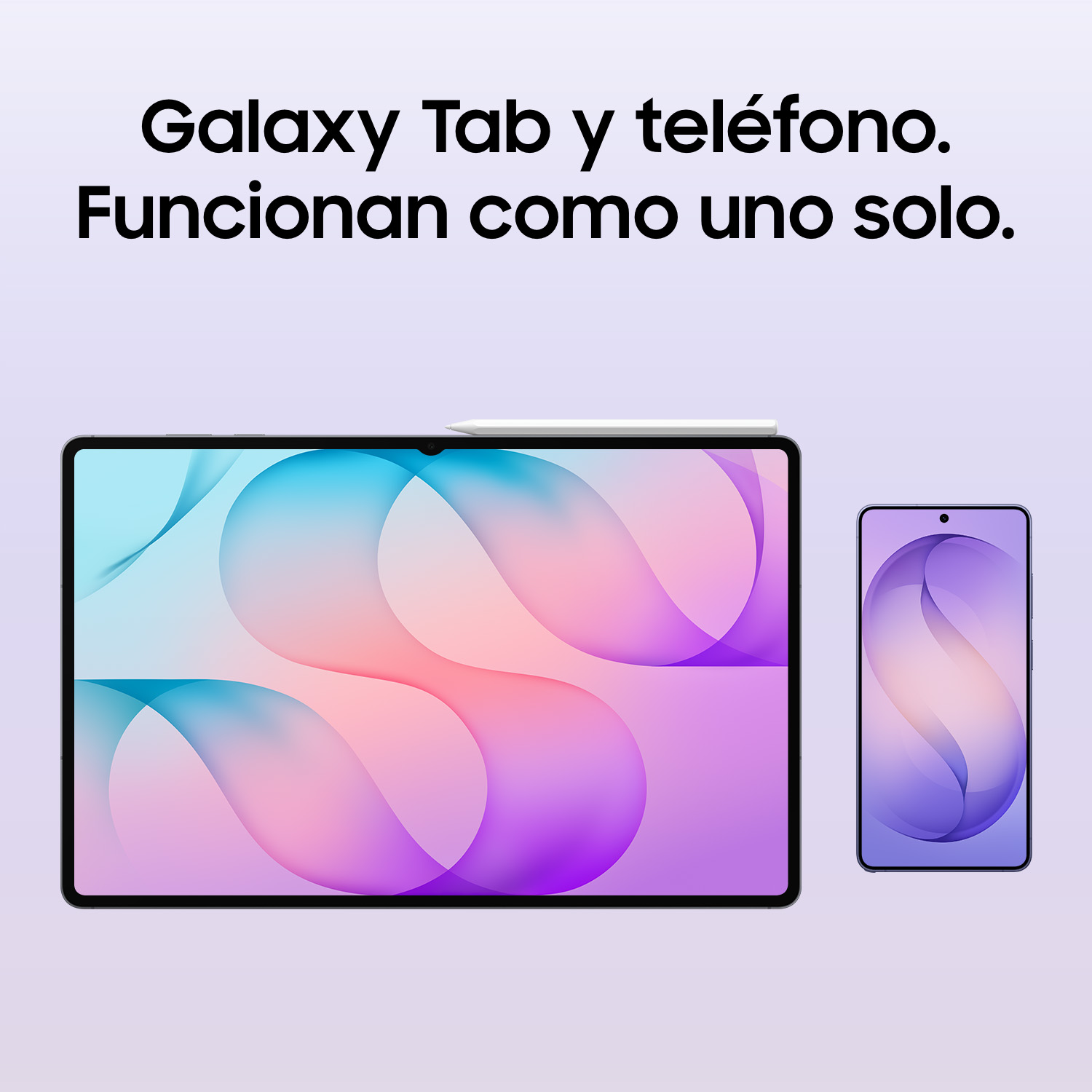 Una tablet Galaxy y un smartphone con fondos rosa y azul a juego, con texto en español arriba.