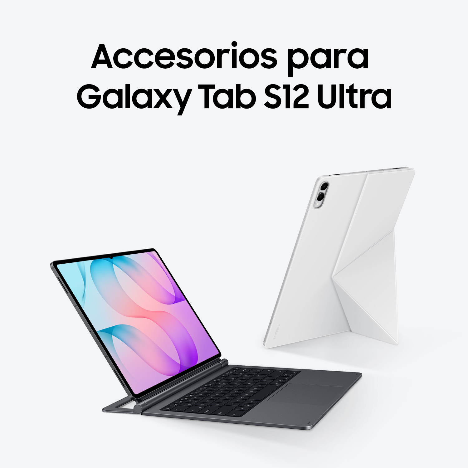 Una tableta con funda de teclado y otra de pie con funda blanca, sobre fondo blanco con texto en español.
