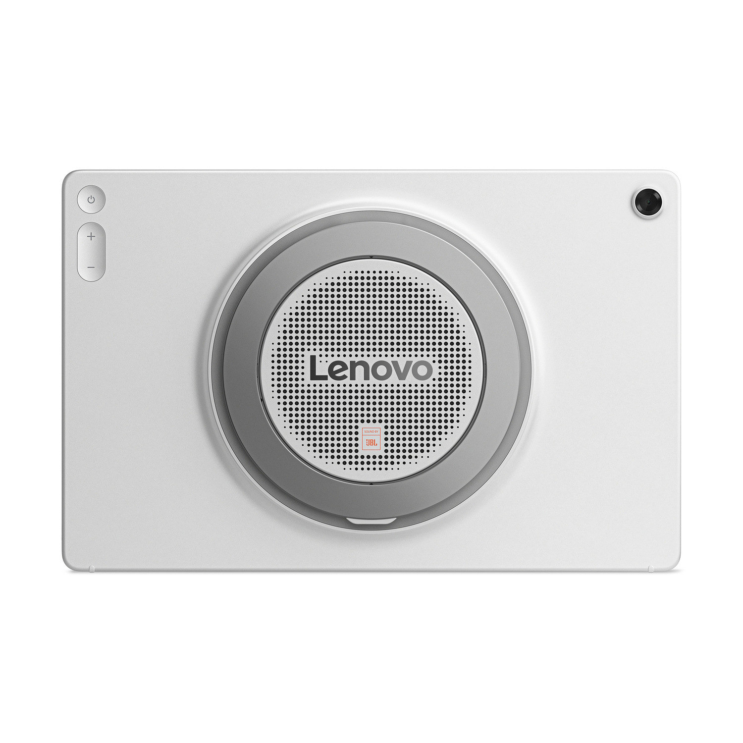 Retro di un tablet bianco con un grande altoparlante rotondo al centro, logo Lenovo e fotocamera in alto a destra.