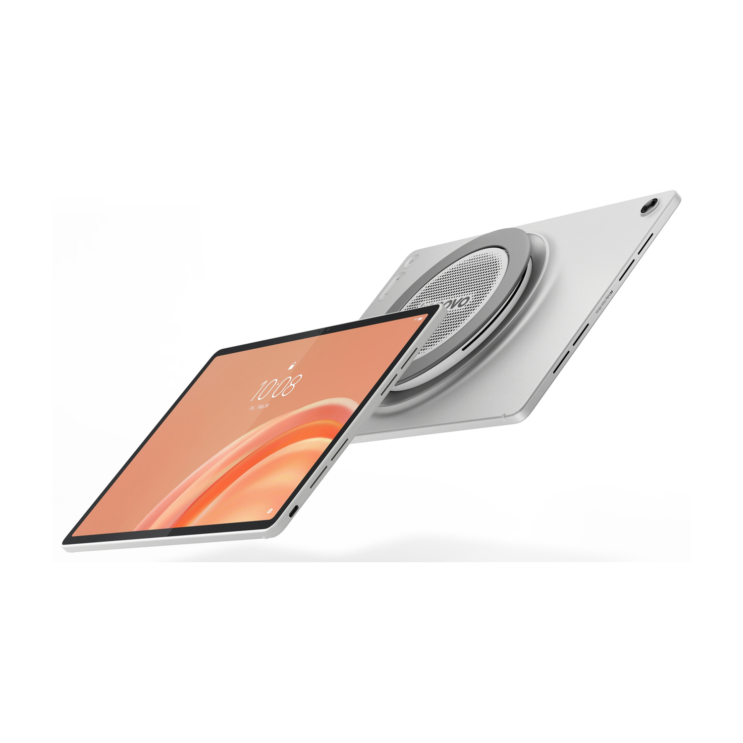 Tablet argento che mostra schermo e retro con altoparlante circolare su sfondo bianco.