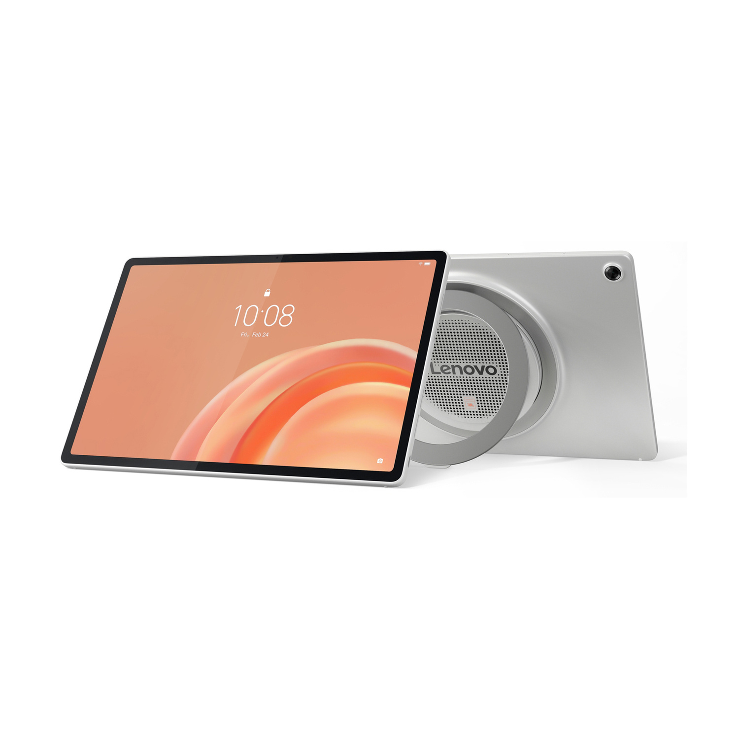 Un tablet Lenovo con schermo arancione e un altro tablet dietro su sfondo bianco.