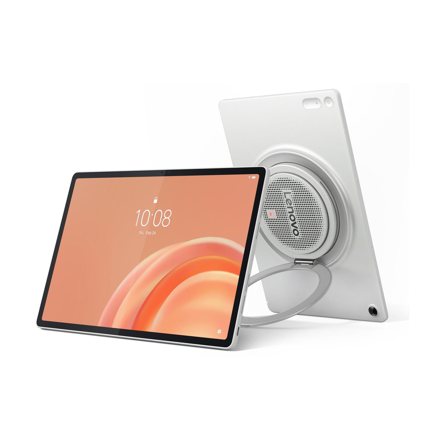 Due tablet Lenovo bianchi su sfondo bianco, uno mostra lo schermo, l'altro il retro con altoparlante.