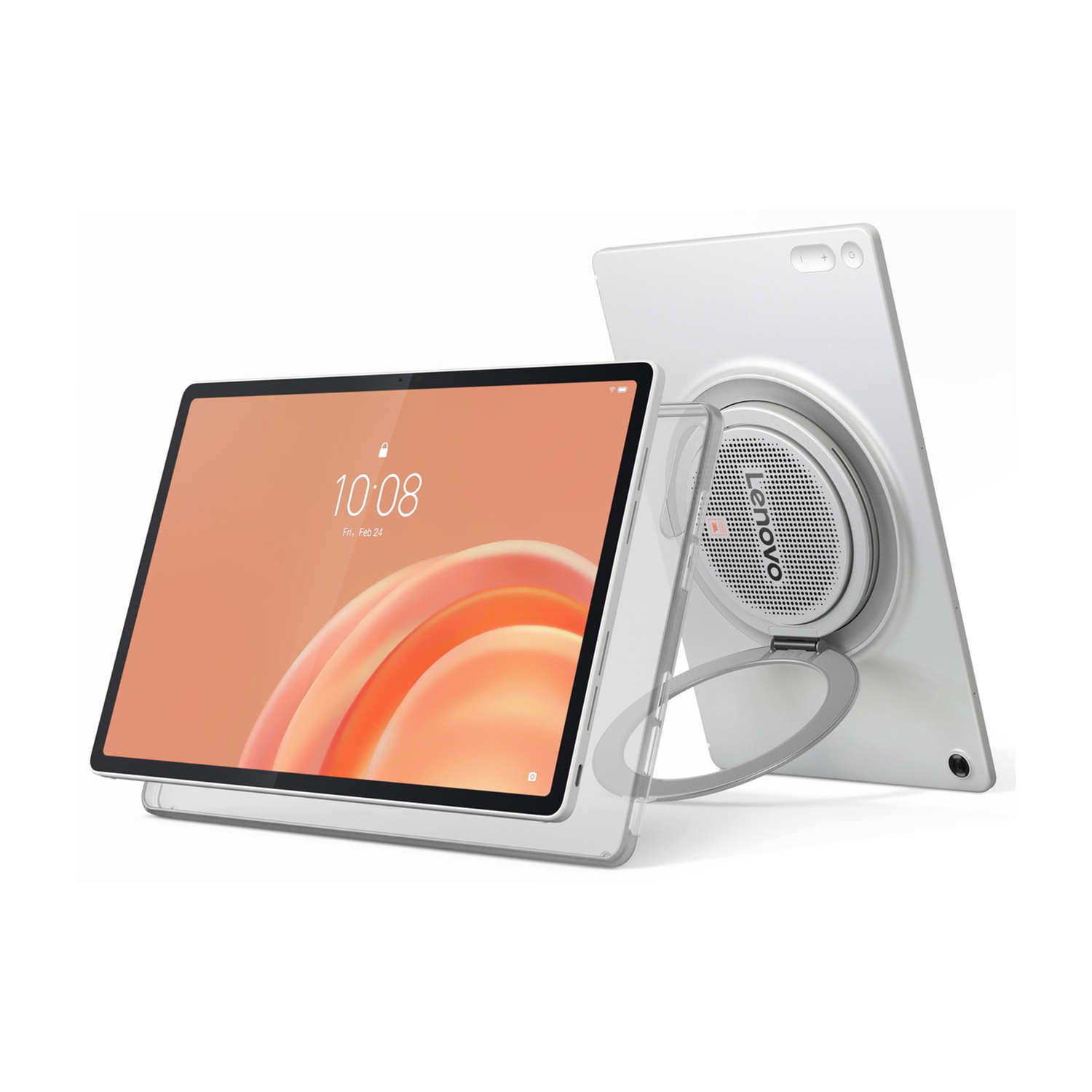 Due tablet Lenovo bianchi, uno rivolto in avanti con schermo luminoso e un altro che mostra il retro con altoparlante integrato.