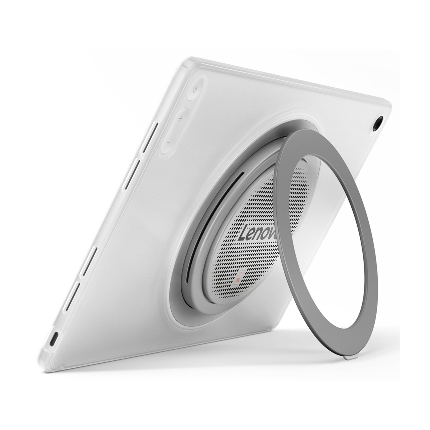 Vista posteriore di un tablet Lenovo bianco con altoparlante rotondo integrato e anello di supporto pieghevole.