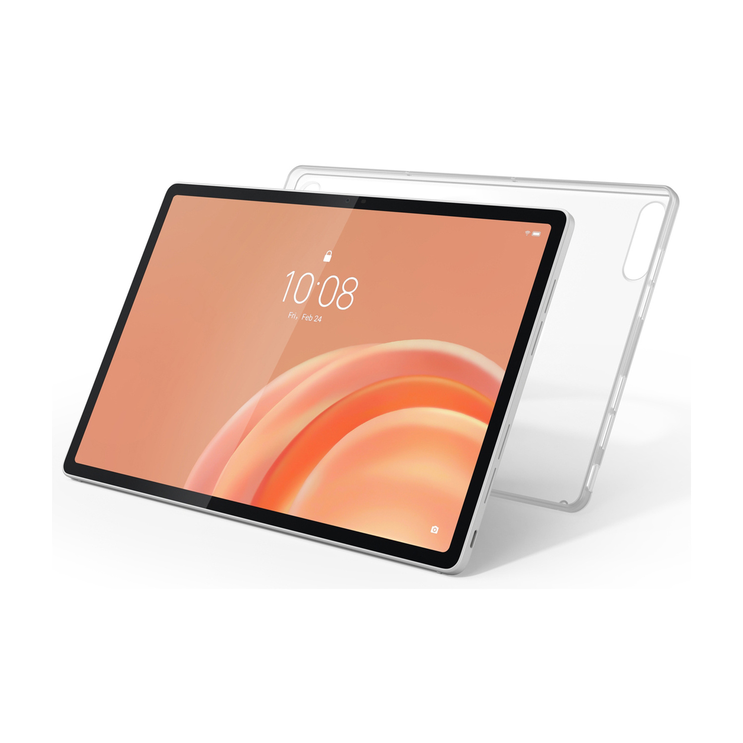 Un tablet con schermo arancione e una custodia protettiva trasparente dietro.