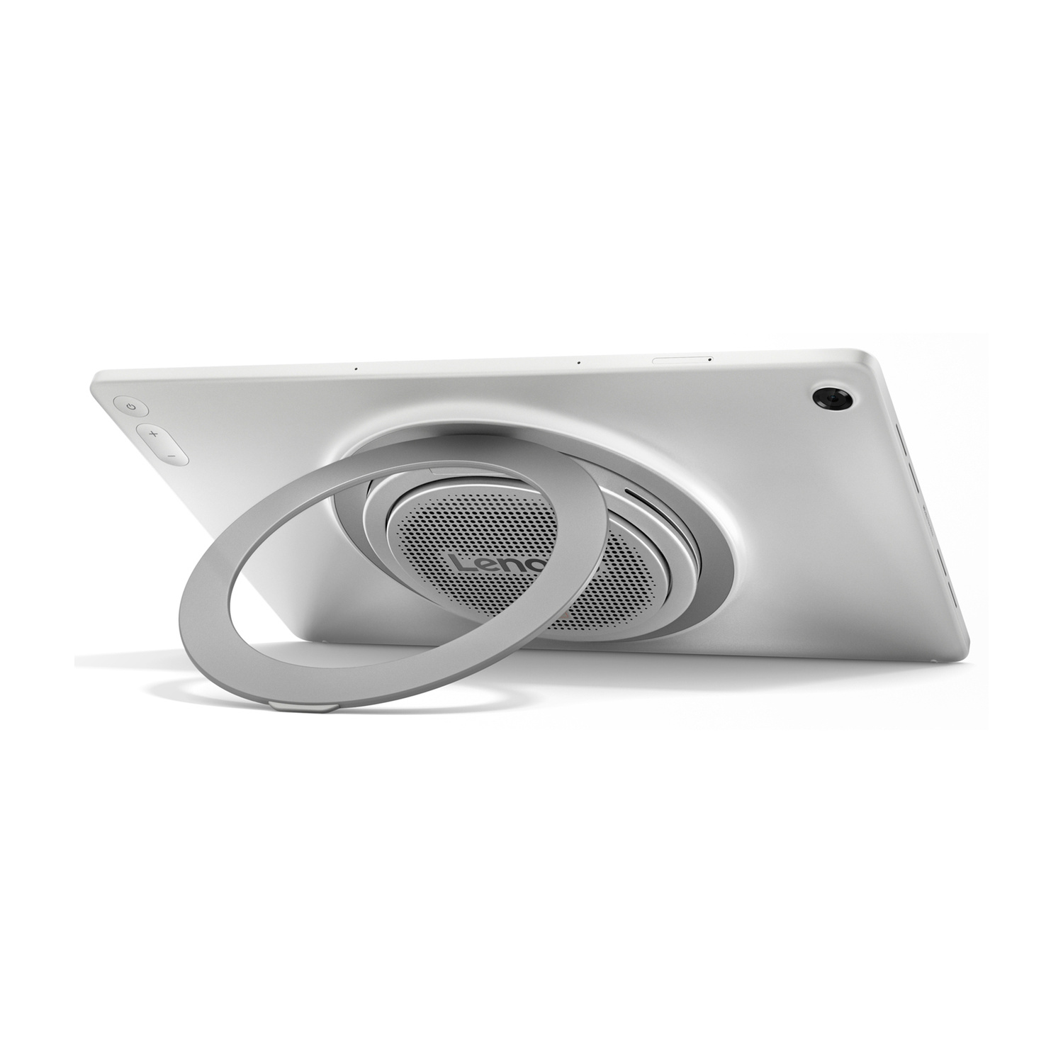 Retro di un tablet bianco con altoparlante rotondo integrato e anello di supporto argentato.