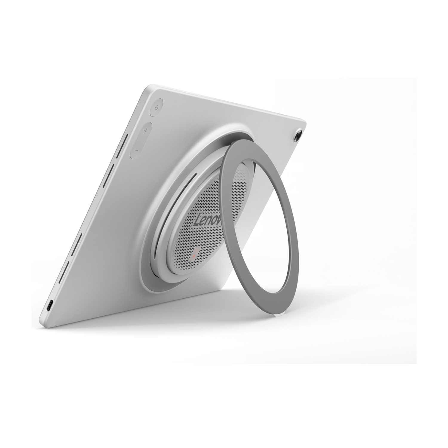 Tablet Lenovo argento visto da dietro su sfondo bianco con supporto circolare integrato e altoparlante.