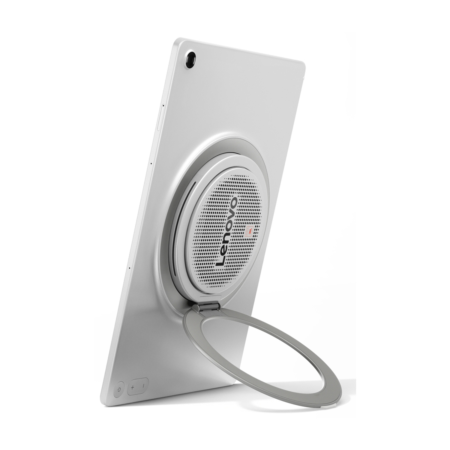 Tablet Lenovo argento su supporto ad anello con altoparlante integrato su sfondo bianco.