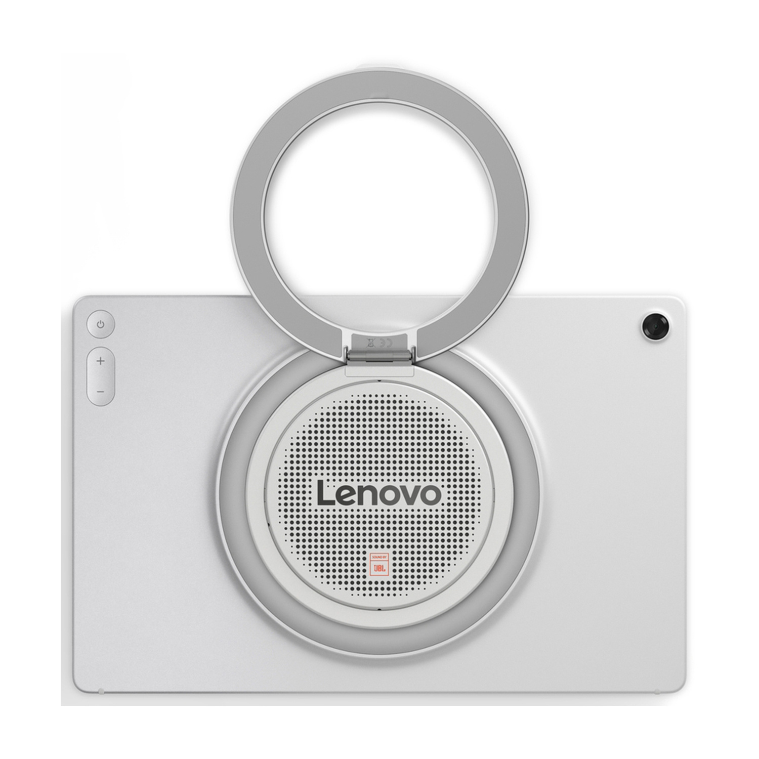 Tablet Lenovo argento con retro e supporto per altoparlante circolare integrato e anello luminoso aperto su sfondo bianco.
