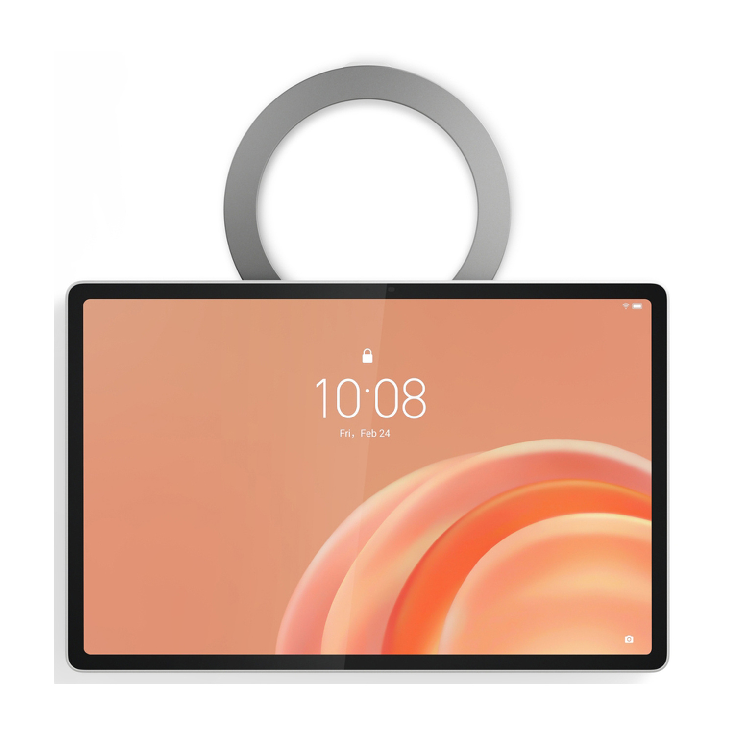 Un tablet con display arancione e un grande anello grigio in alto, su sfondo bianco.