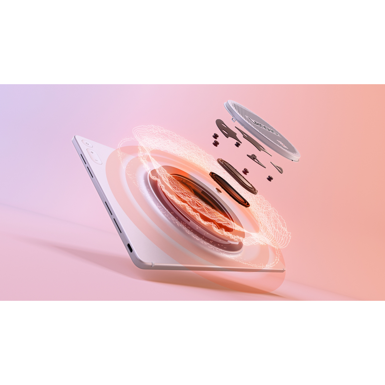 Vista esplosa di un altoparlante in un tablet con onde sonore rosso-arancio su sfondo rosa.
