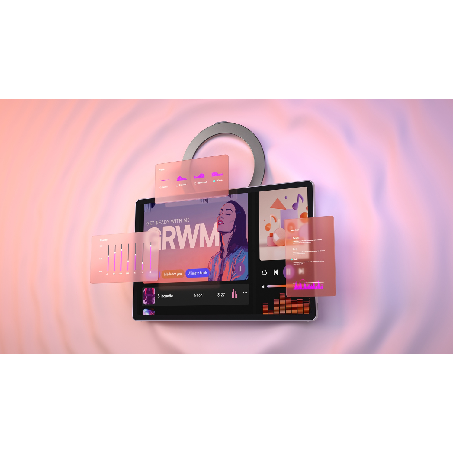 Un tablet con un'app musicale e elementi di interfaccia fluttuanti su uno sfondo rosa.