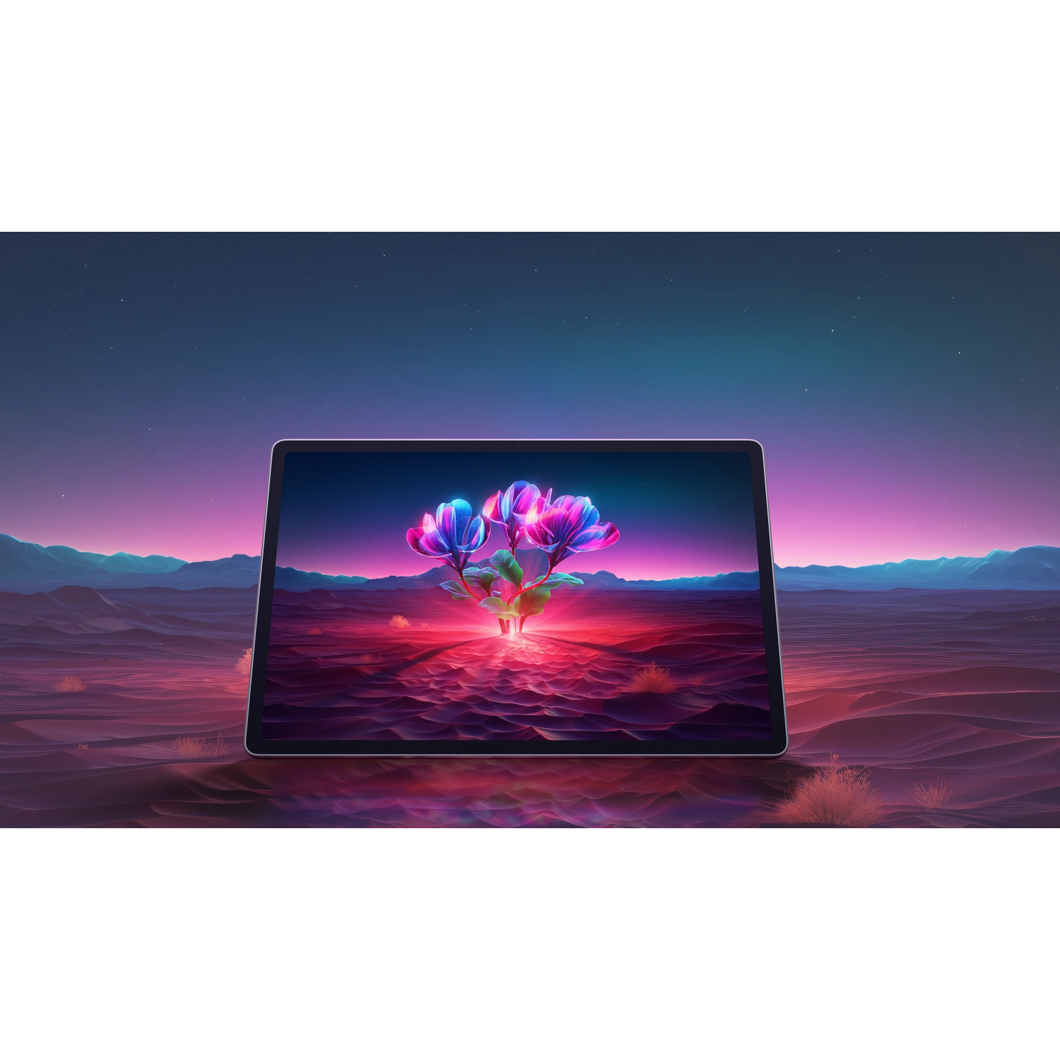Un tablet mostra un paesaggio surreale con fiori luminosi rosa e blu.