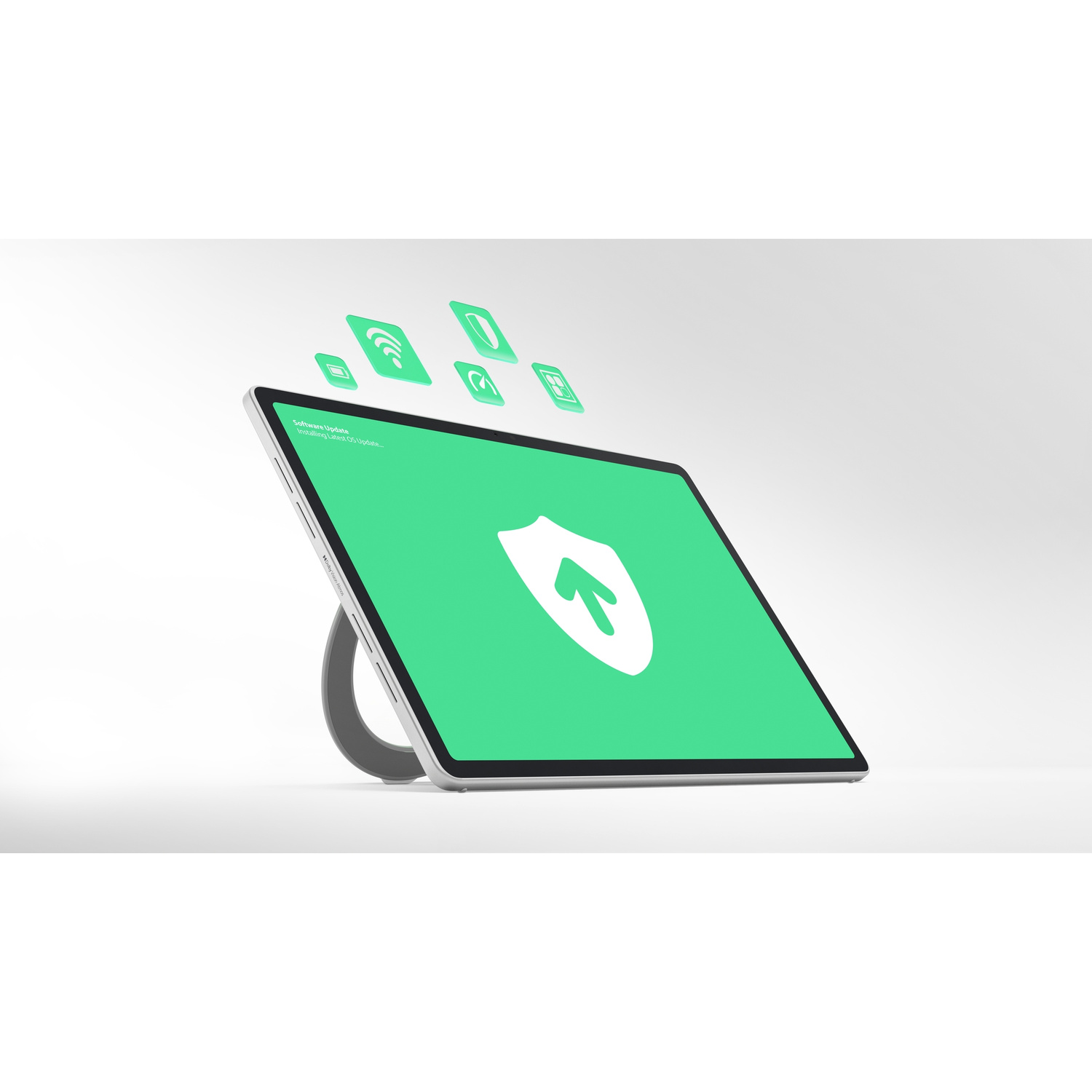 Un tablet mostra uno schermo verde con un'icona di scudo e freccia e icone fluttuanti sopra.
