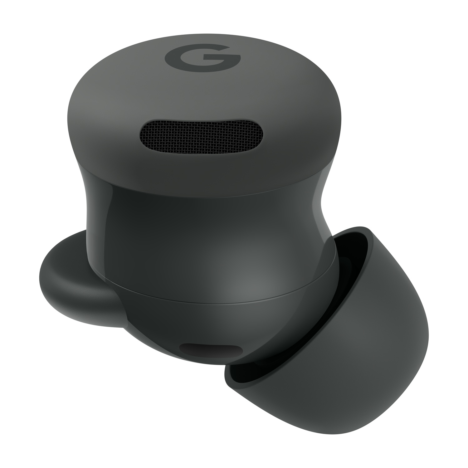 Un auricolare nero Google con microfono integrato e gommino su sfondo bianco.