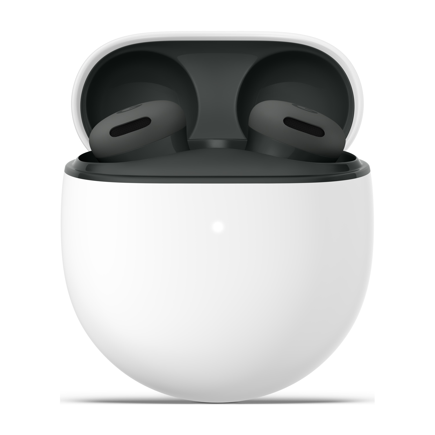 Custodia di ricarica bianca aperta con auricolari wireless neri su sfondo semplice.