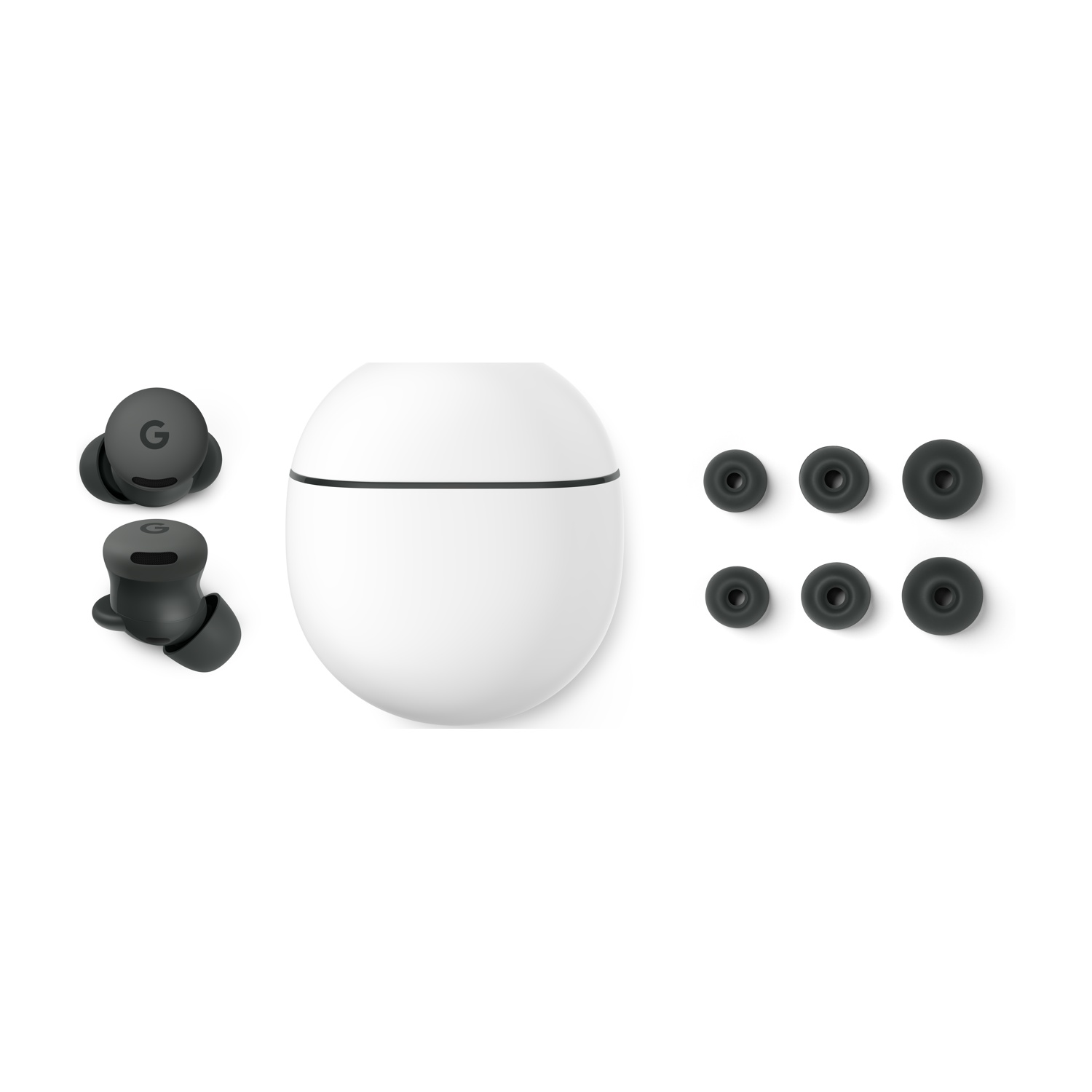 Auricolari neri con custodia di ricarica bianca e sei gommini in silicone extra su sfondo bianco.