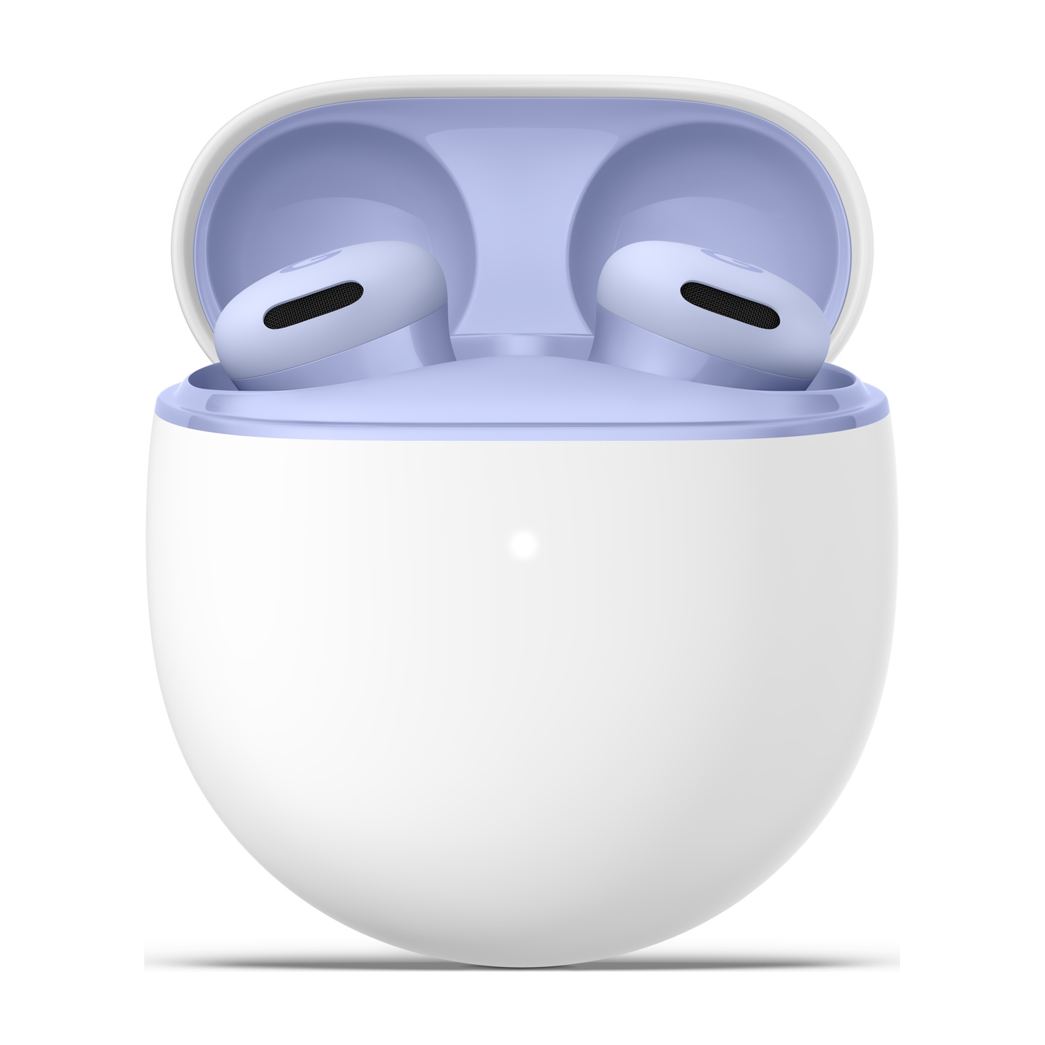 Custodia di ricarica bianca aperta contenente auricolari wireless viola chiaro.