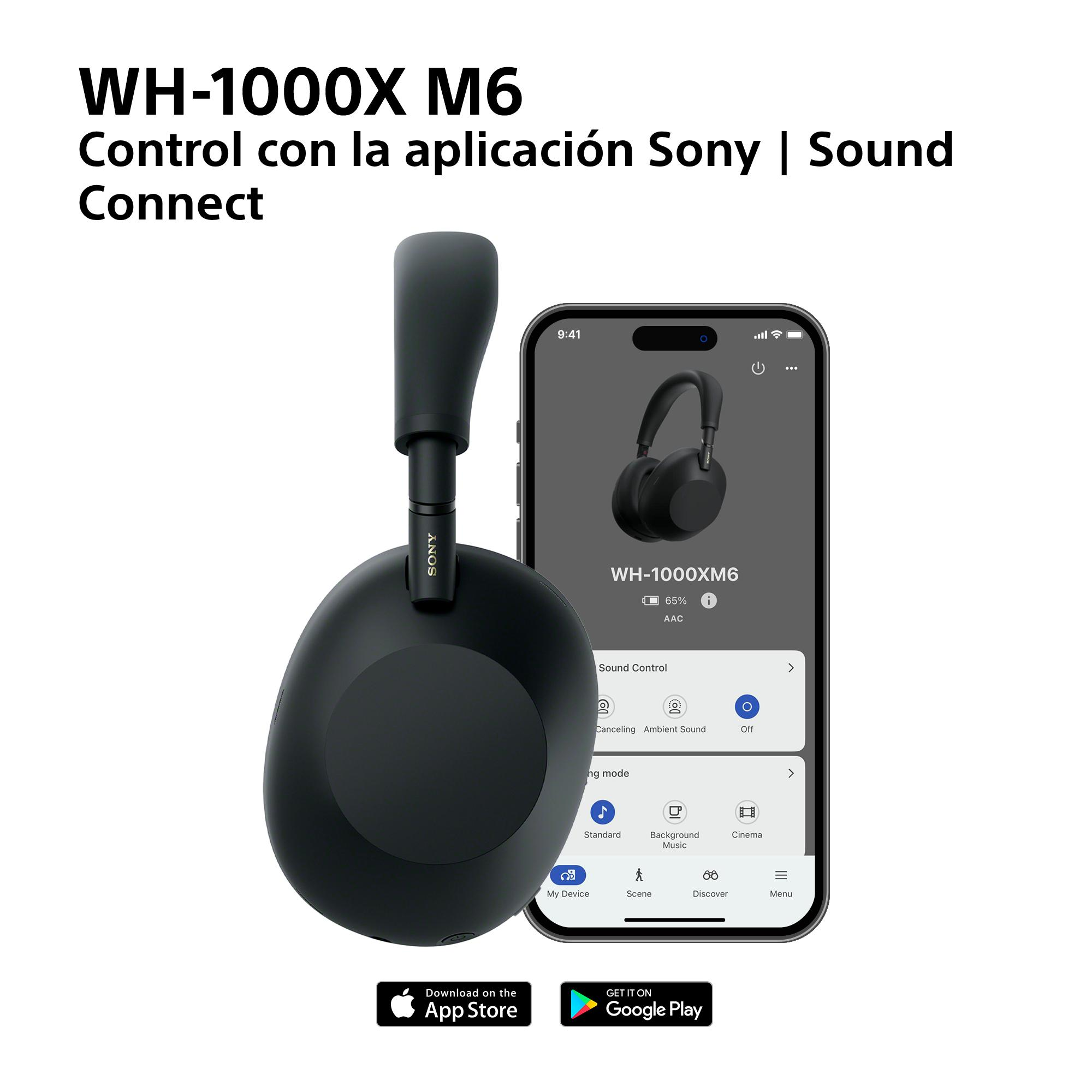 Auriculares negros WH-1000X M6 junto a un smartphone con la aplicación Sony Sound Connect.