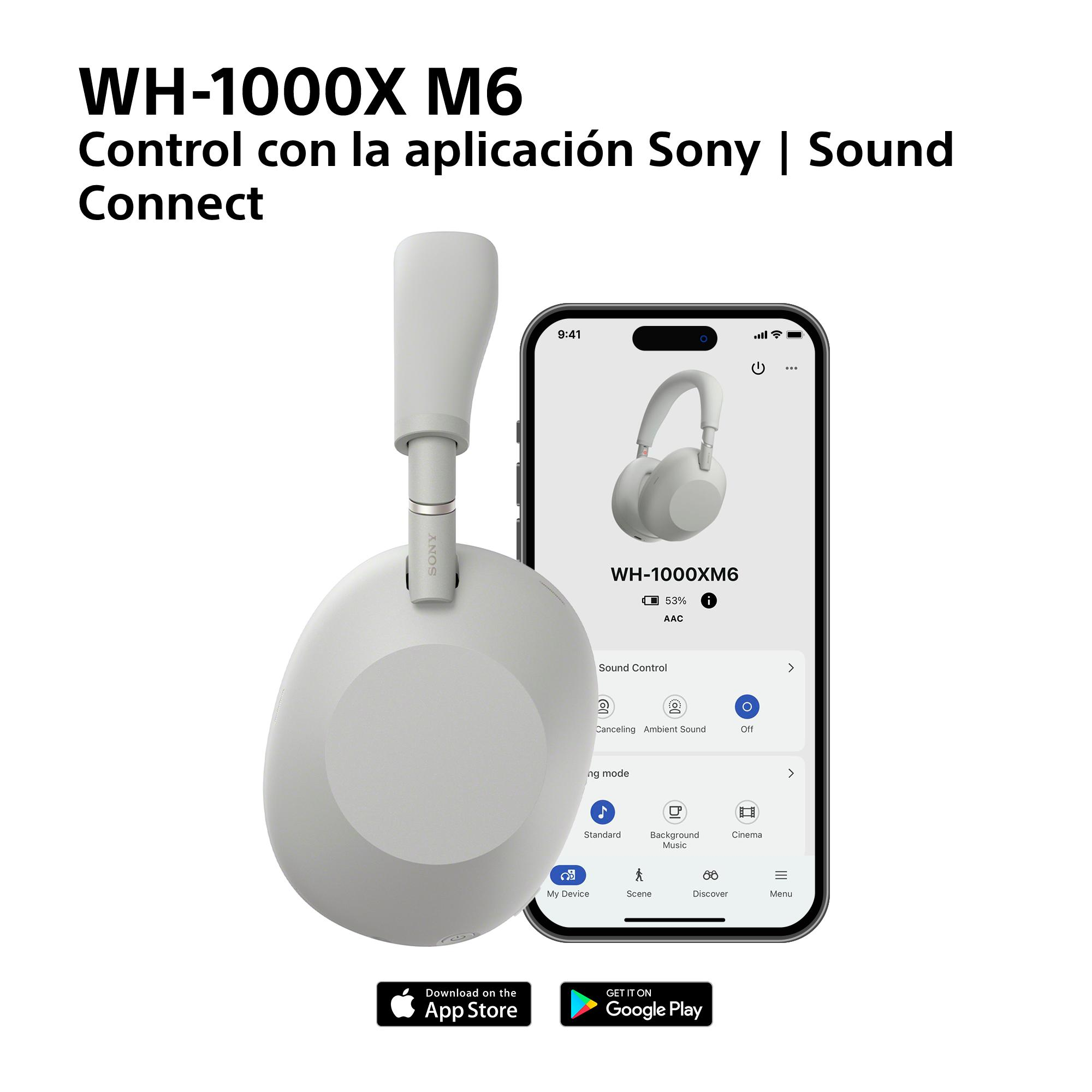 Auriculares grises WH-1000XM6 junto a un smartphone con la aplicación Sony Sound Connect.