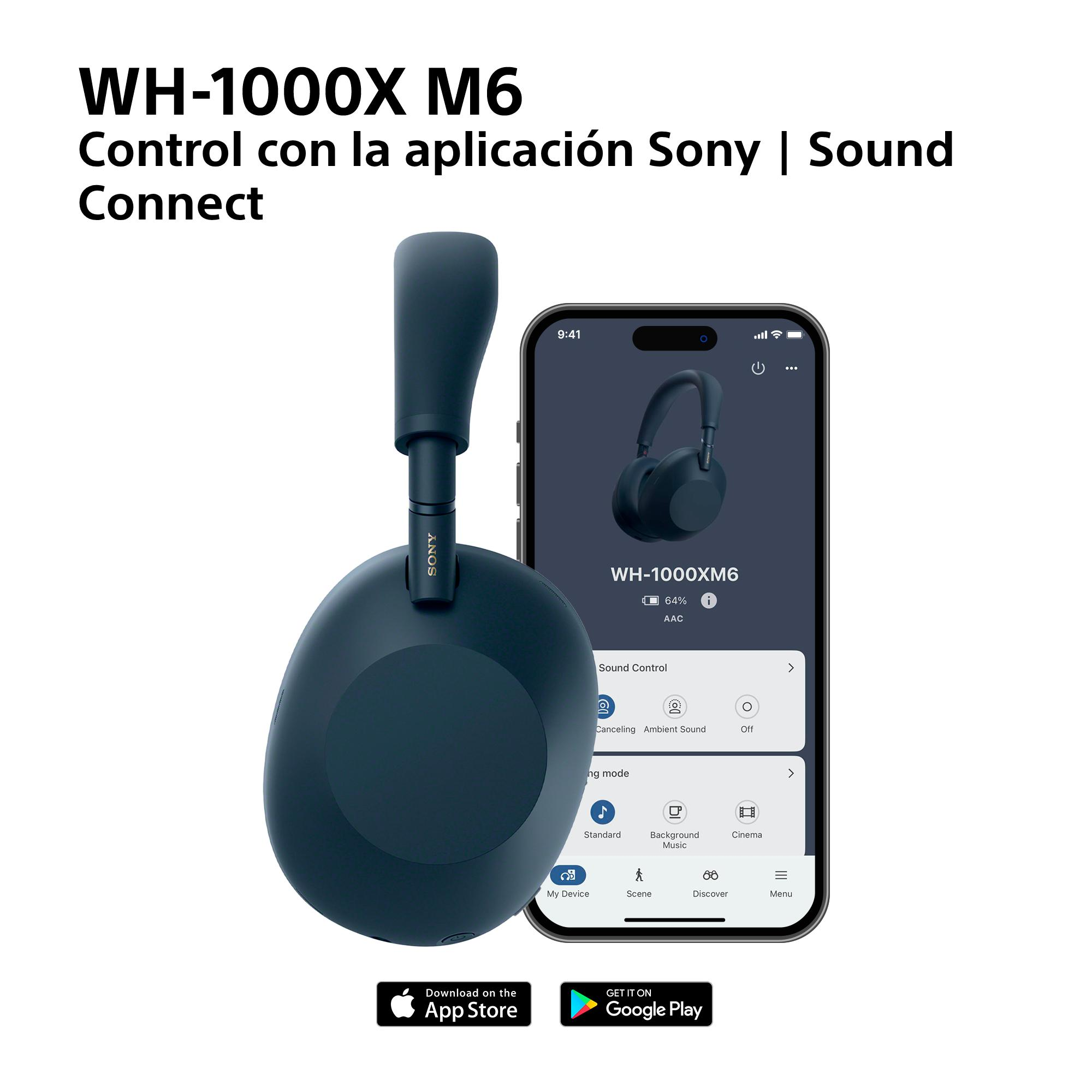 Auriculares WH-1000XM6 azul oscuro junto a un smartphone que muestra la aplicación Sony Sound Connect.