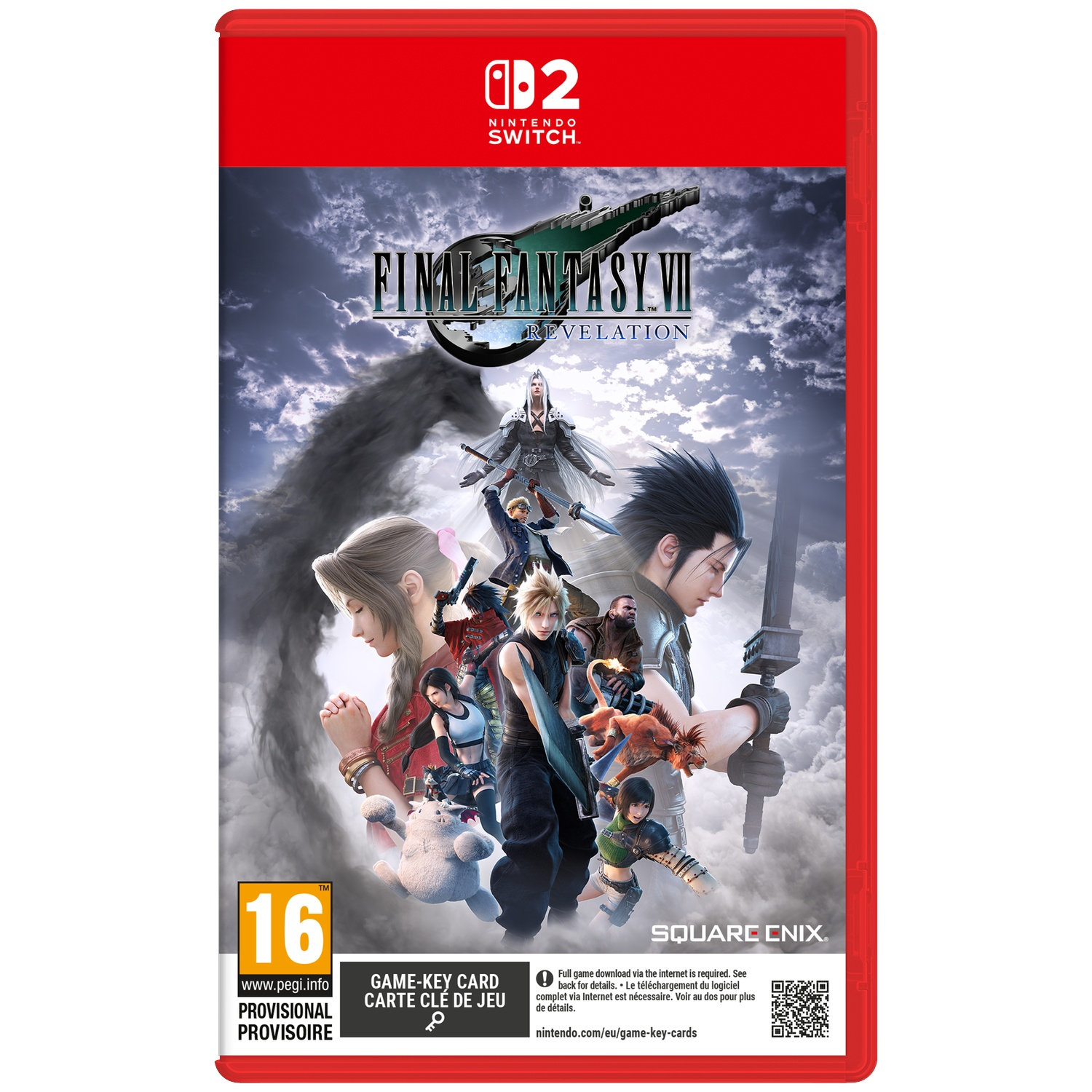 Boîte de jeu Final Fantasy VII Revelation sur Nintendo Switch 2 avec des personnages sous un ciel nuageux.