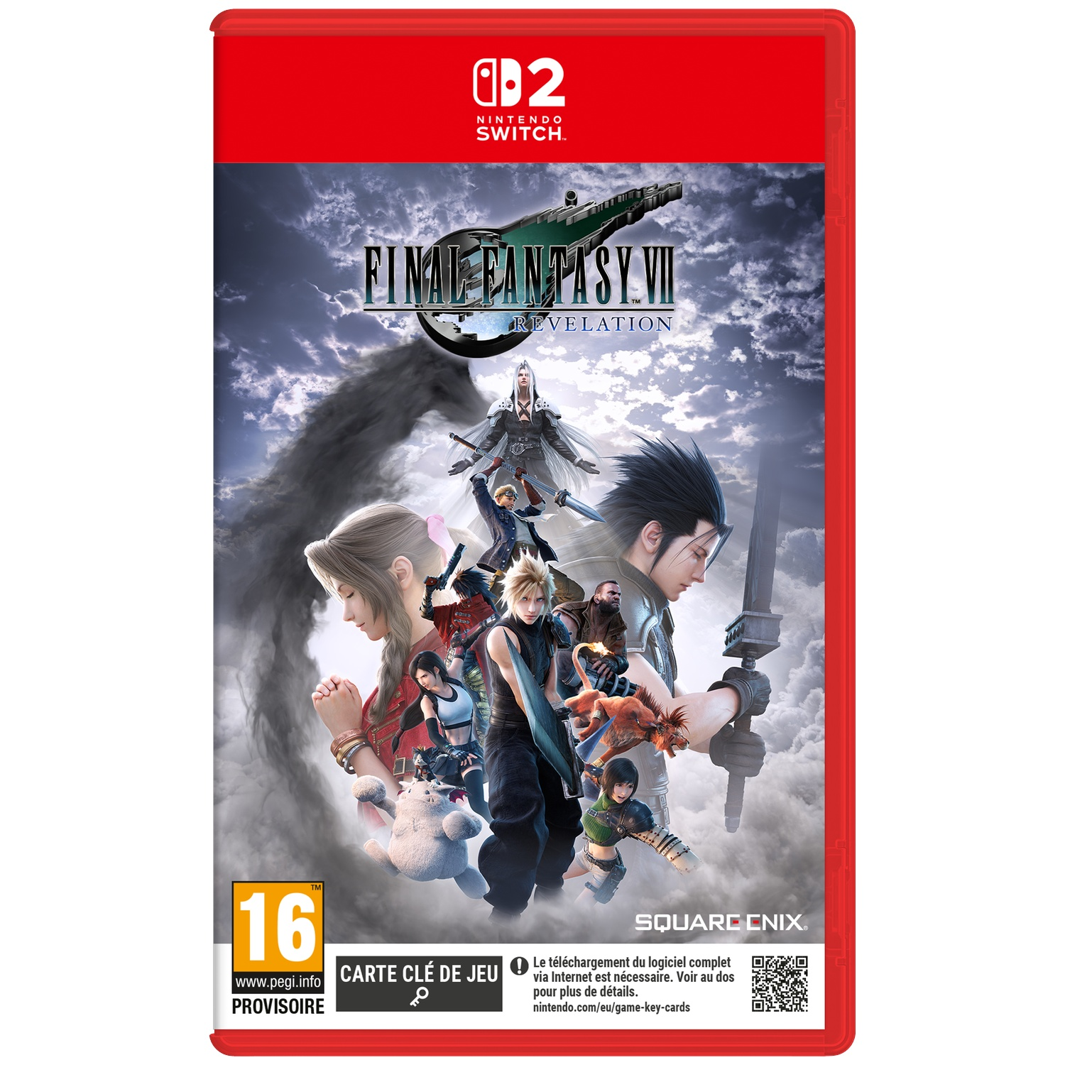 Boîte de jeu Nintendo Switch Final Fantasy VII Revelation avec personnages sous un ciel nuageux.