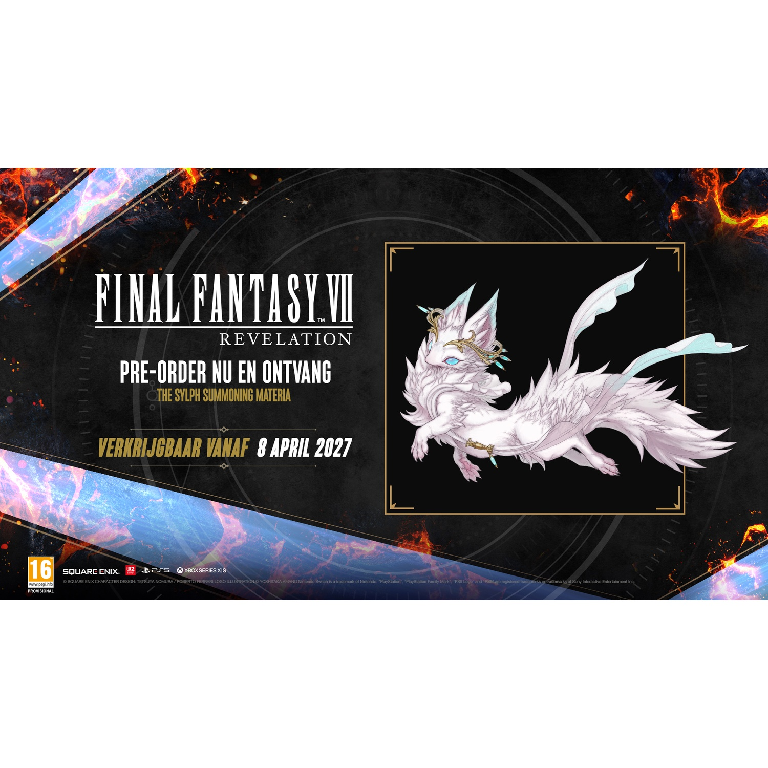 Bannière promotionnelle de précommande de Final Fantasy VII Revelation avec une créature blanche et le 8 avril 2027.