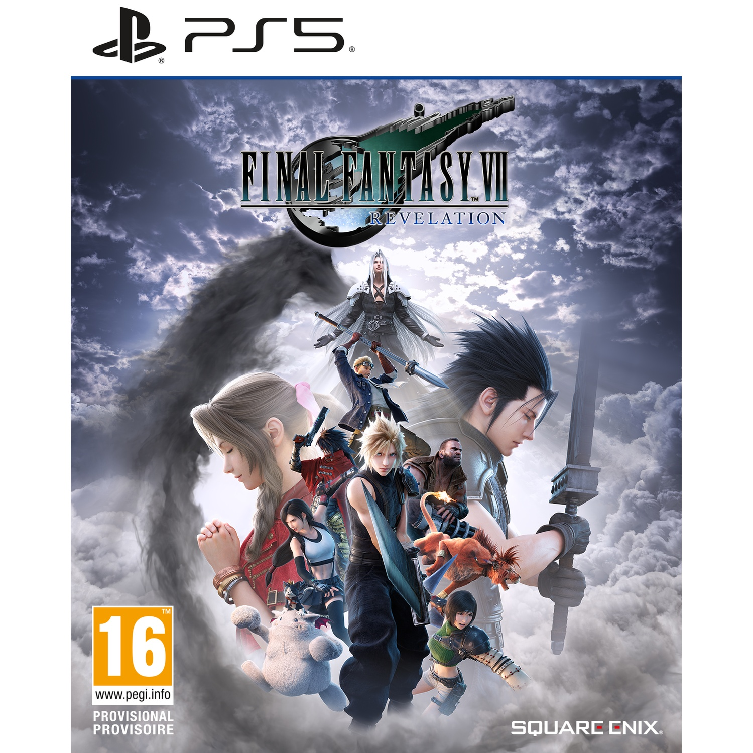 Jaquette PS5 pour Final Fantasy VII Revelation avec personnages et fond nuageux.