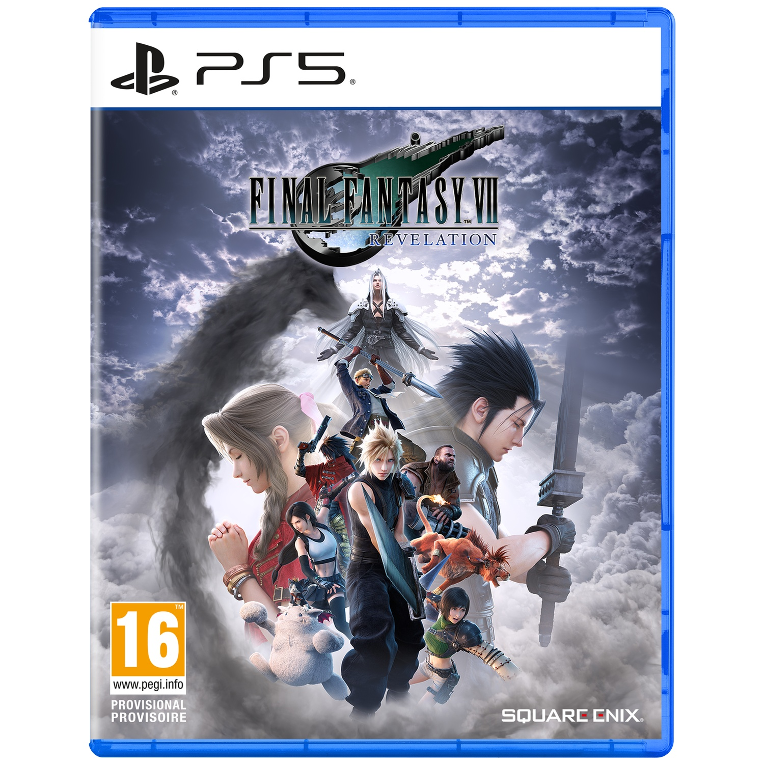 Boîtier de jeu PS5 Final Fantasy VII avec personnages et épée sur fond de ciel nuageux.