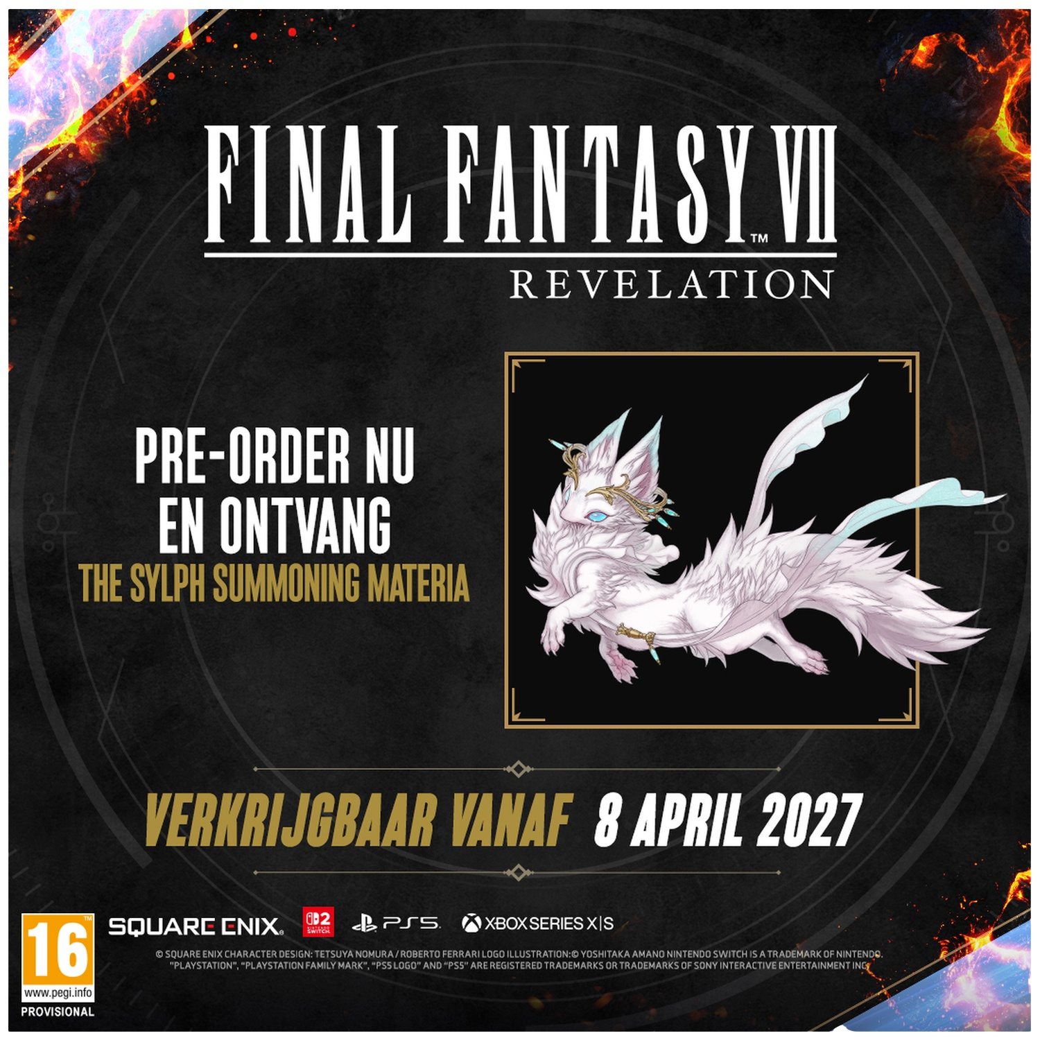 Image promotionnelle pour Final Fantasy VII Revelation avec une créature mythique blanche et sortie en avril 2027.