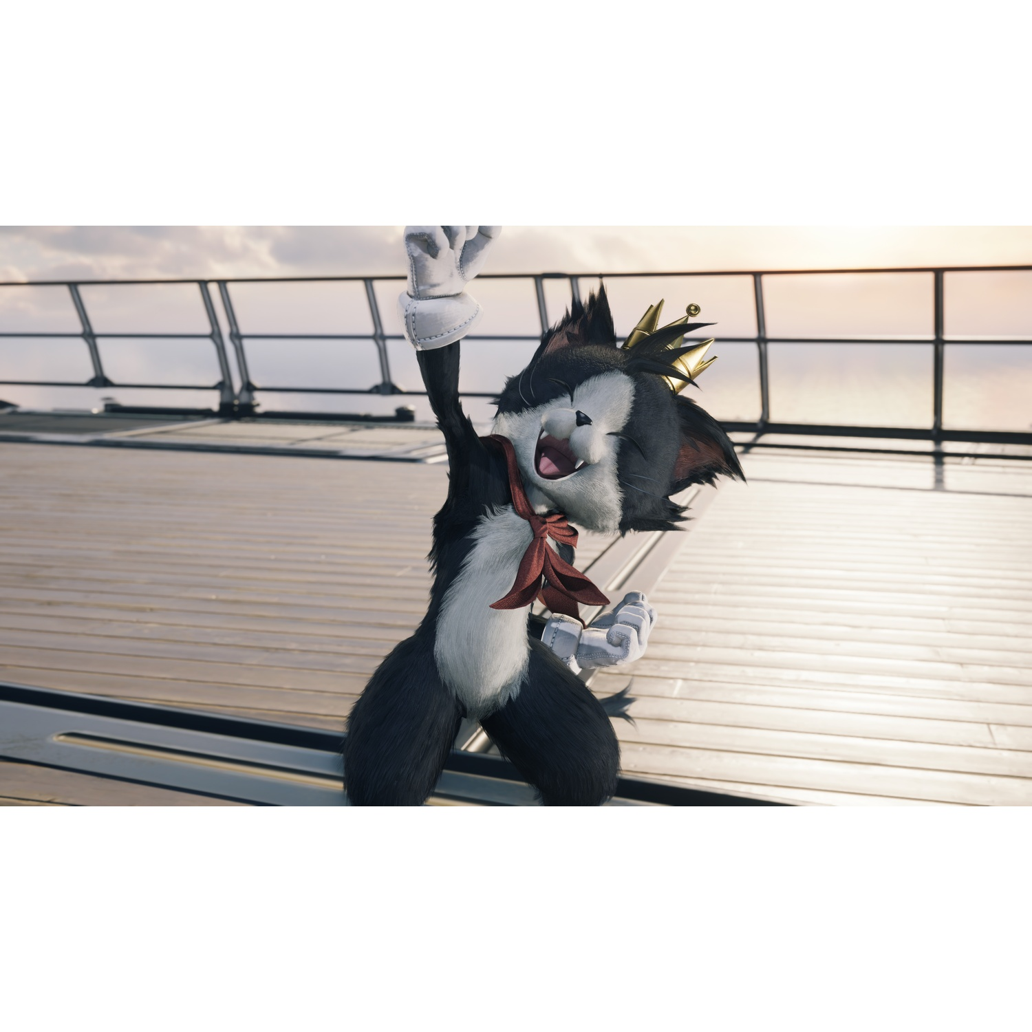 Un personnage félin noir et blanc avec une couronne et un foulard rouge acclame sur le pont.
