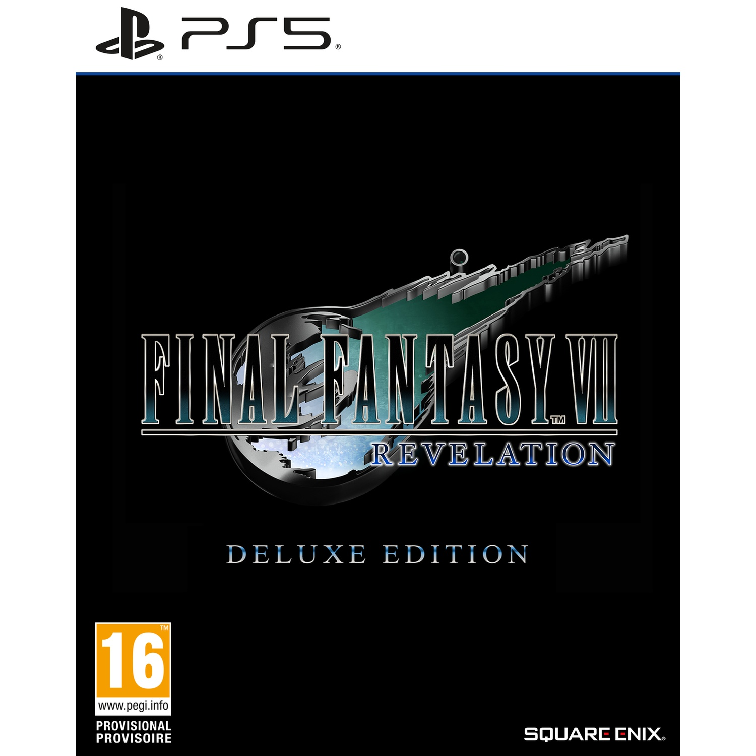 Jaquette PS5 de Final Fantasy VII Revelation Deluxe Edition avec un logo PEGI 16 sur fond noir.