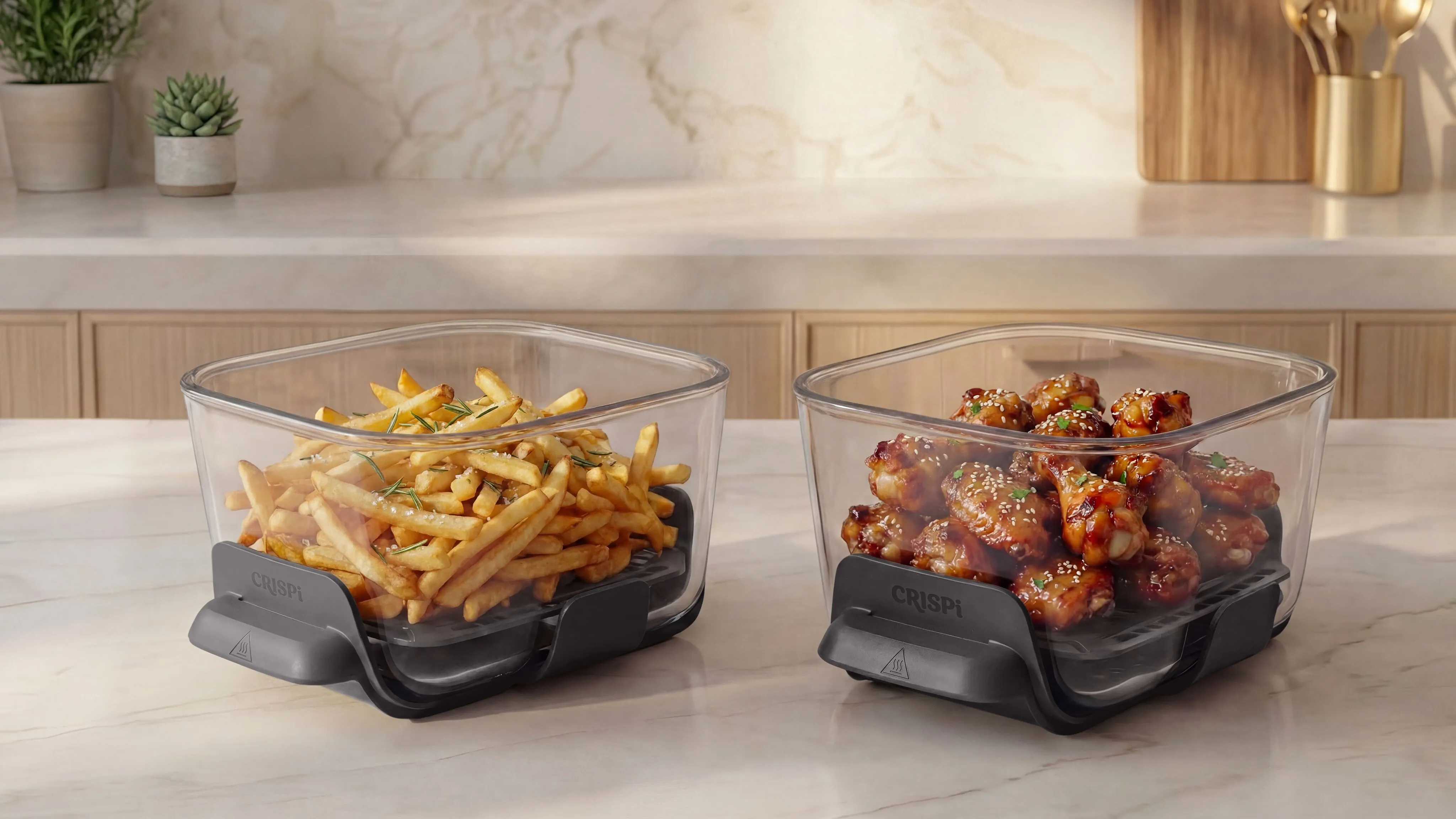 Zwei Glasbehälter mit Pommes und Hähnchenschenkeln auf einer Küchenarbeitsplatte.